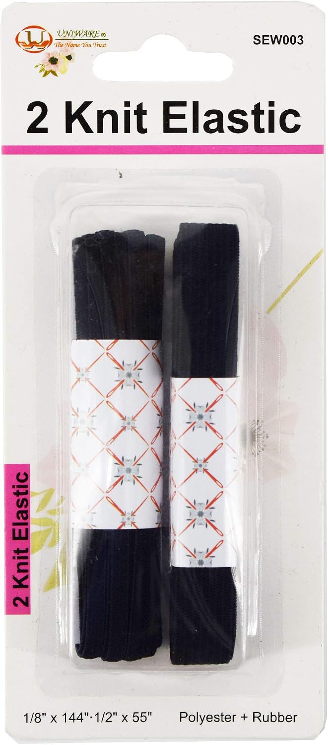 Uniware 2 Knit Elastic (2 ct, Polyester + Rubber, 1/8" x 144", 1/2" x 55") Black & White (Black)