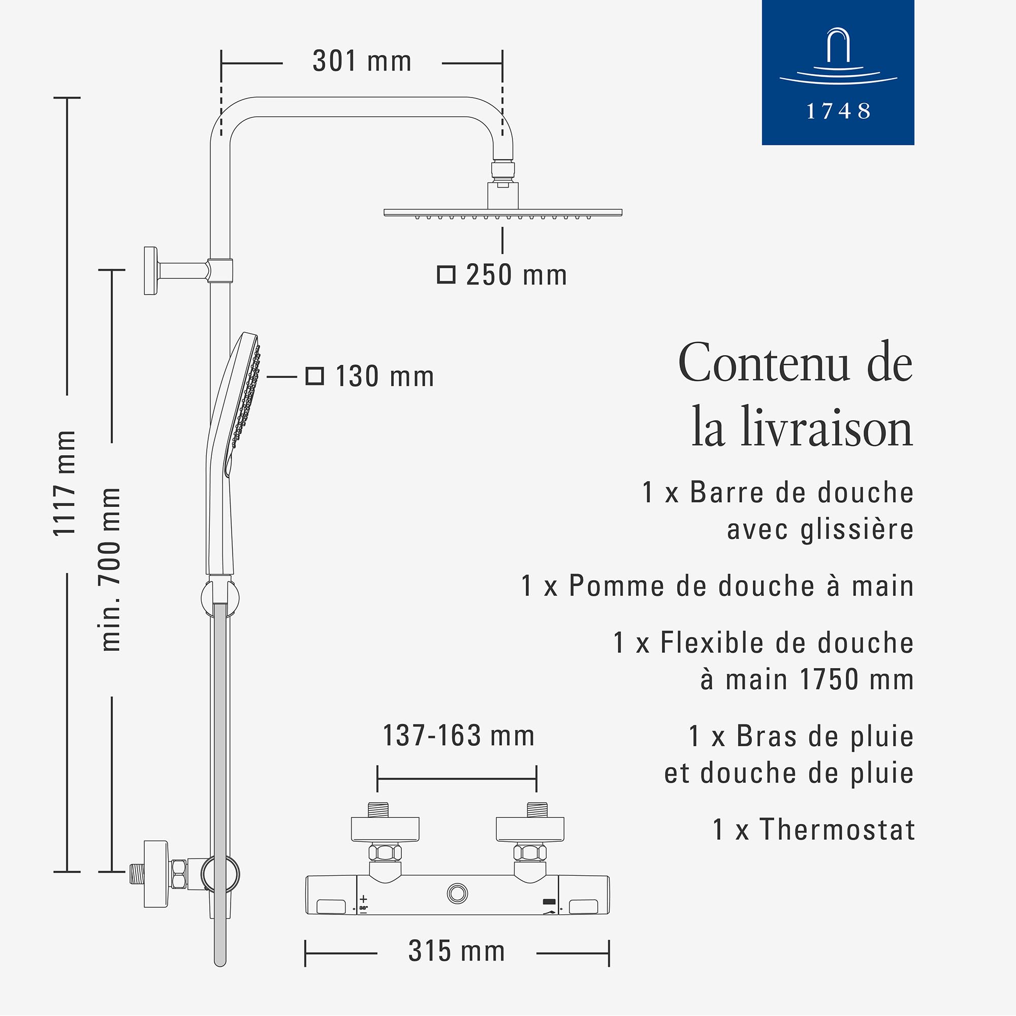 Villeroy & Boch Elody système de douche, complet avec thermostat – Chrome