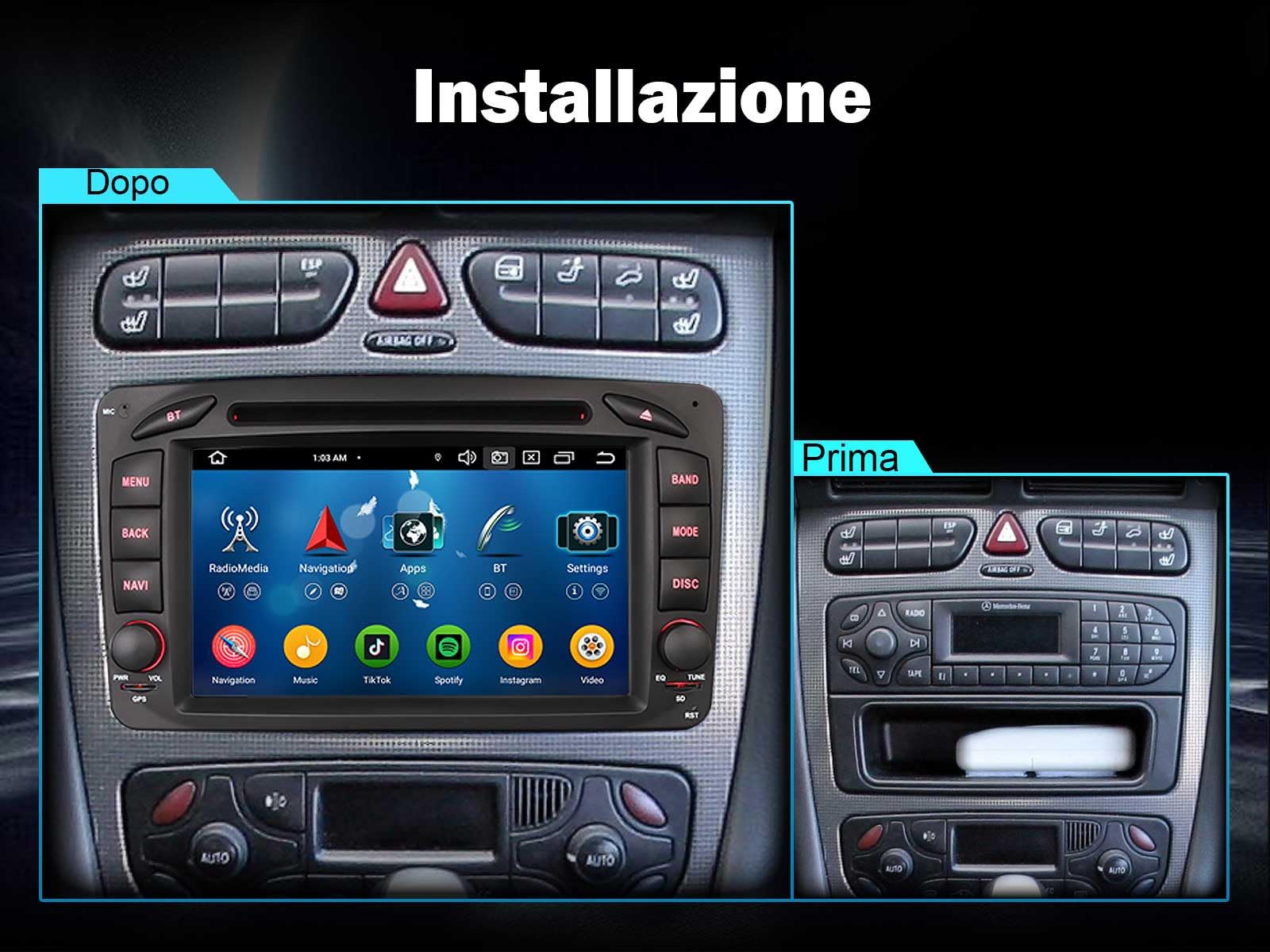 Erisin 7 pollici 8-Core 4GB+64GB Android 14 Autoradio 2 Din GPS Navigatore per Mercedes Classe C/CLK/G W203 C209 W209 W463 Viano Vito Bluetooth CarPlay Android Auto DAB+ WiFi DSP USB RDS FM Canbus