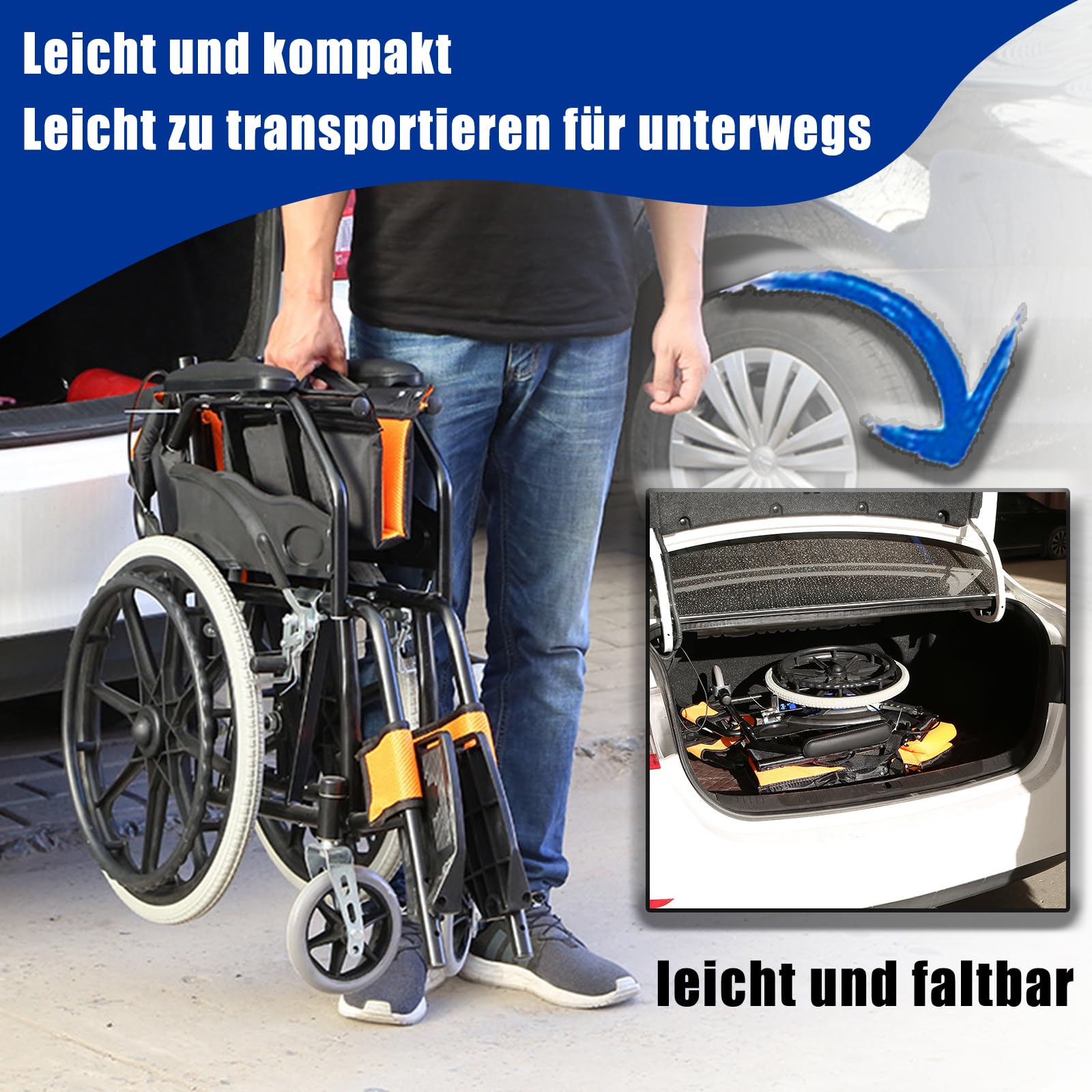 Rollstuhl faltbar leicht, Belastbarkeit 150 kg, Leicht Faltbar Rollstuhl mit Trommelbremse, Leichtgewicht Schmal Rollstühle mit Selbstantrieb, Reiserollstuhl, Sitzbreite 44.5 cm,Schwarz