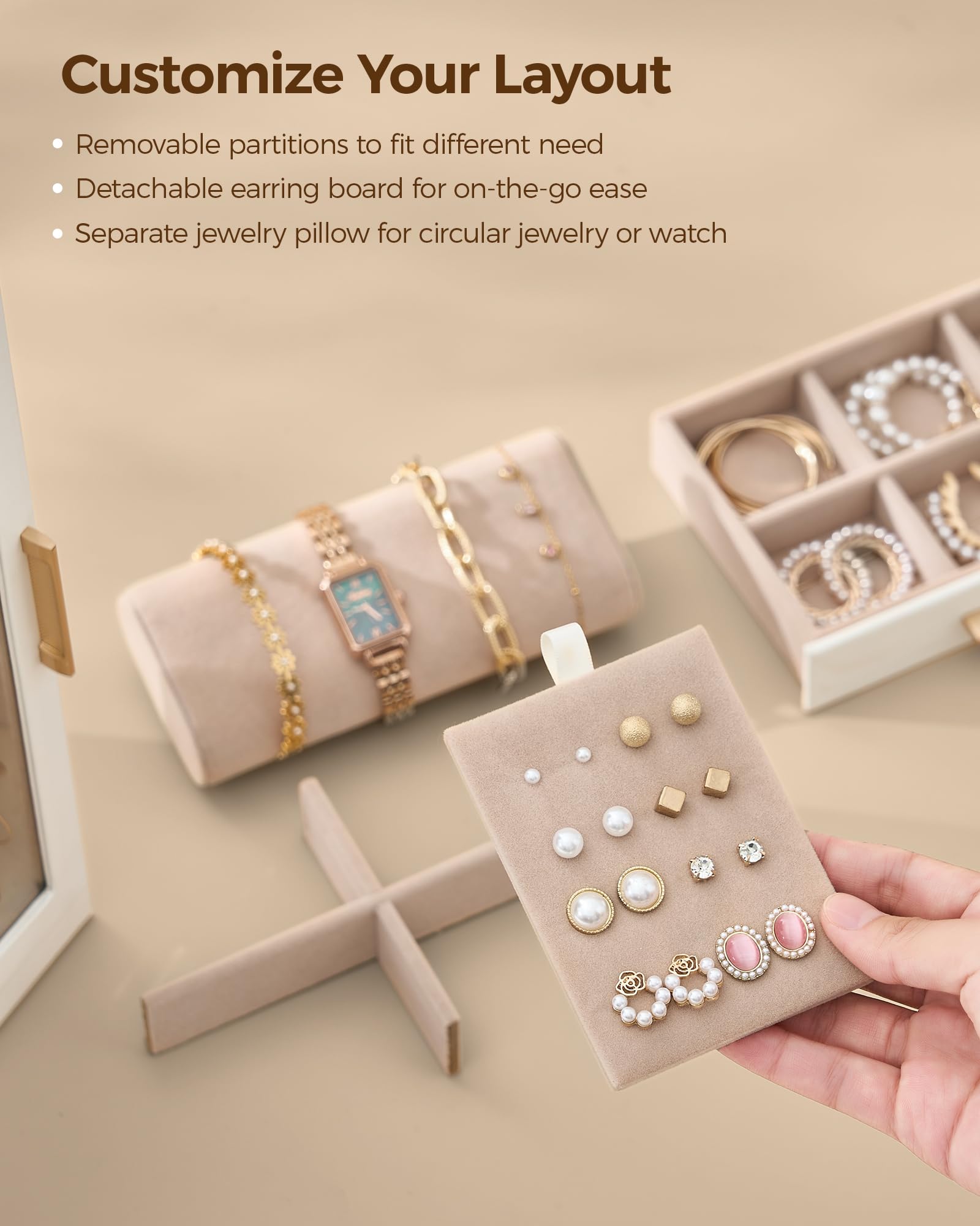 360° Rotating Jewelry Box with 5 Drawers, Spacious Vertical Jewelry Organizer with Glass Window, Jewelry Storage Case, Dustproof & Moisture-resistant Design, White