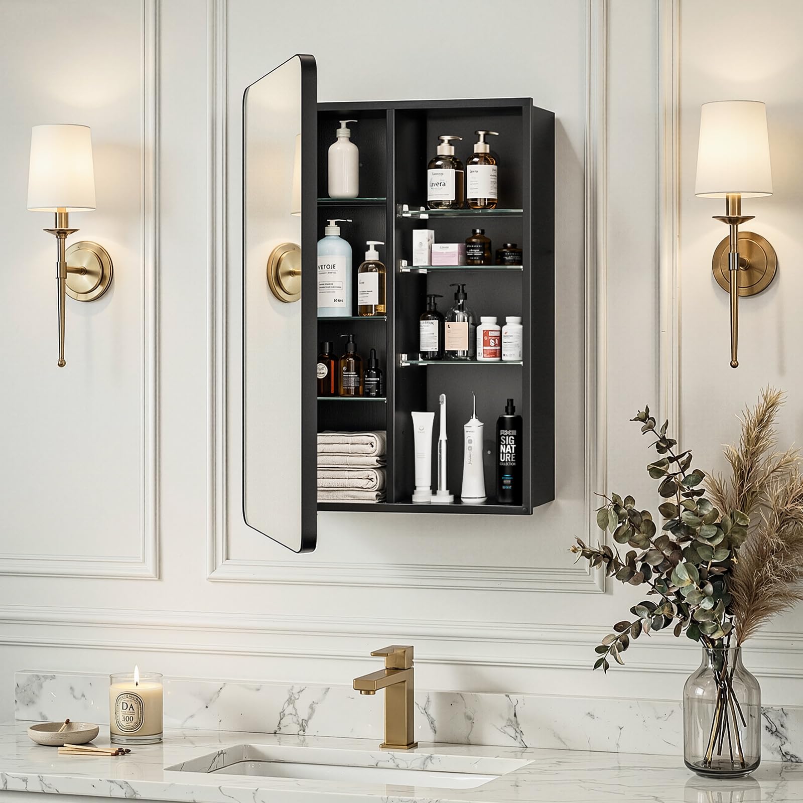 GoTiling 20x26 Inch Bathroom Medicine Cabinet with Mirror, Pre-Assembled Recessed or Surface Mount Wall Organizer, 6 Adjustable & Removable Tempered