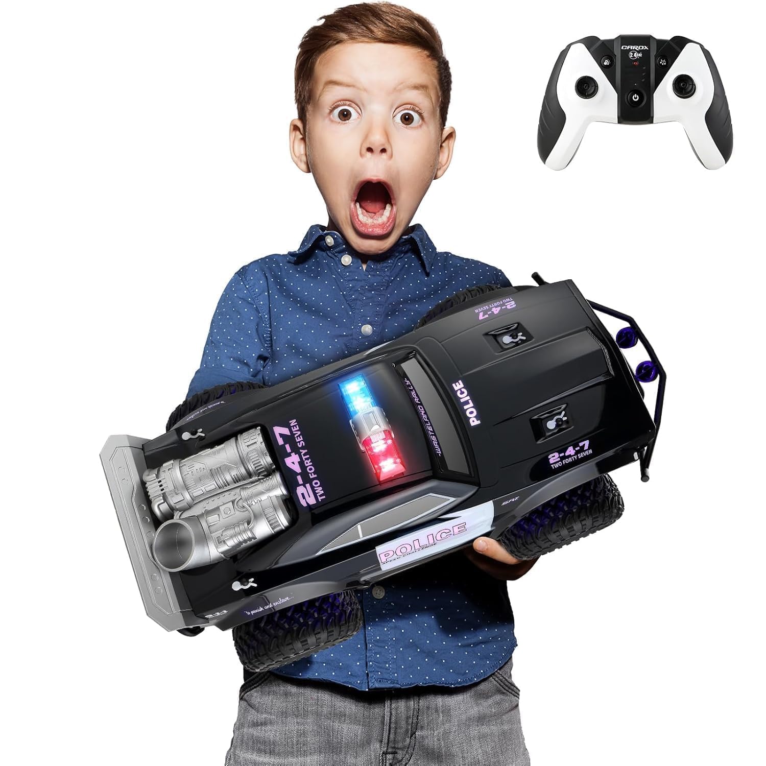 Pihura Remote Control Police Car Toy (18.5X9.5X7.5in) with Lights and Sirens for Boys - 1:8 RC Cop Car with Two Rechargeable Battery - Durable R/C Squad Car for Kids 3