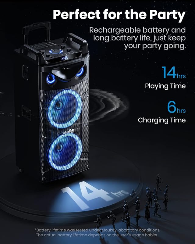 Moukey MK3024 Karaoke Rendszer 2x26cm Mélynyomóval, Bluetooth Hangszóró Fényeffektekkel, 2 Mikrofonnal, Újratölthető Akkumulátorral, TWS/USB