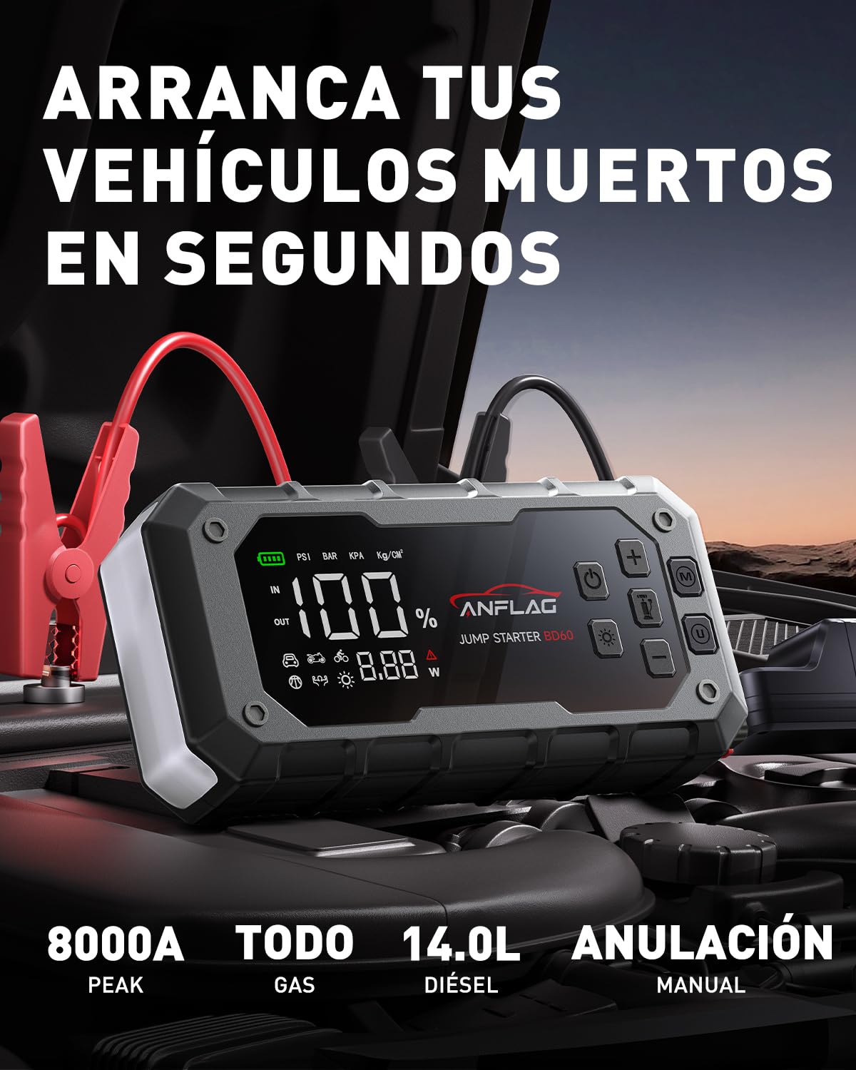 Arrancador de Baterias de Coche con Compresor de Air, ANFLAG 8000A 160PSI Arrancador(para All Gas/14L Diésel/Híbrido), 26800mAh 12V Jump Starter con Clips de Seguridad Inteligentes/Guantes/Luces