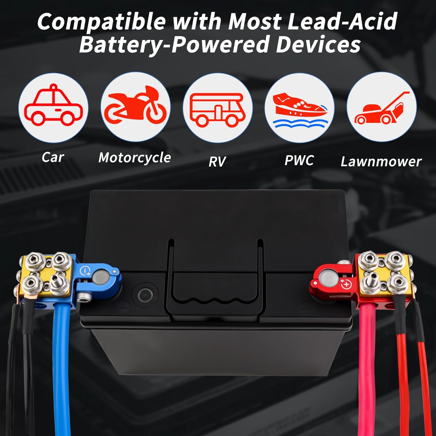 Battery Terminal Connectors, Red Positive Blue Negative Top Post Set, 4 x 2/0 AWG Inputs, 4 x 8MM Top & 3 x 6MM Bottom Studs, for SAE/DIN/EN Tapered Posts