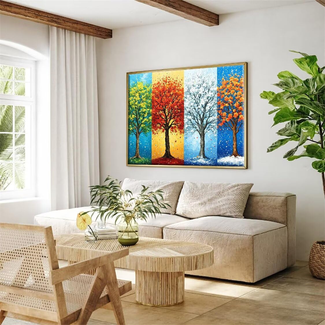 Árboles de cuatro estaciones Pintura por Números para Adultos Principiantes 100x130 cm, kit con Lienzo sin Arrugas, Pinceles y Pintura Acrílica, Pintura al óleo para Decor del Hogar (Sin Marco) I-657