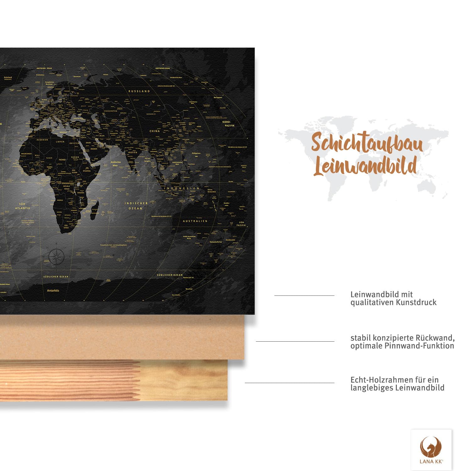 LANA KK - Premium Pinnwand Weltkarte - Noir - Deutsch - in 100 x 70 cm, stabile Rückwand zum Pinnen inkl. Starterkit - Leinwand-Kunstdruck Wandbild Landkarte XXL