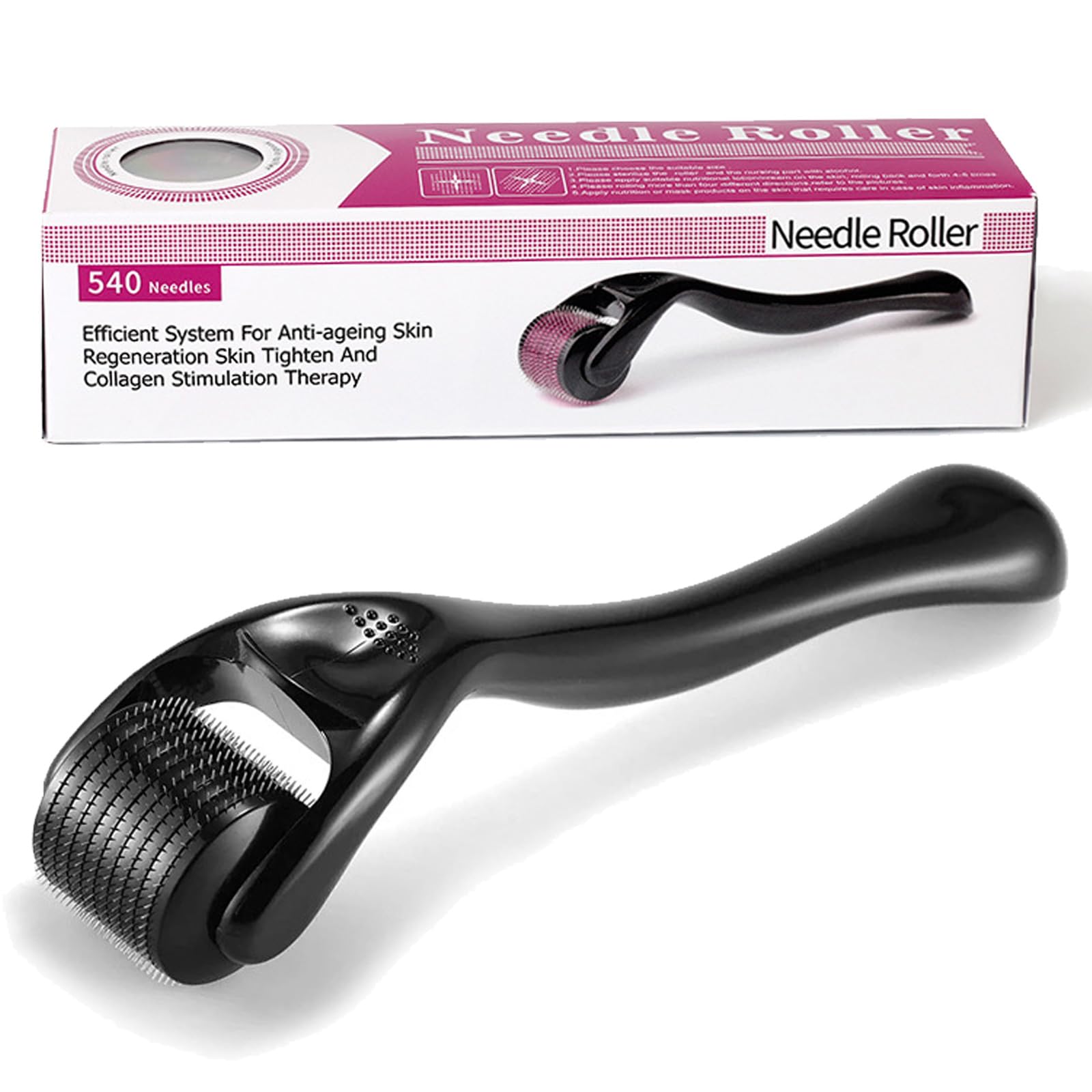 540 Microagujas Masajeador Cuero Cabelludo, Microneedling, Beard Roller para Hombres y Mujeres, Reduce la Caída del Cabello, Cuidado de la piel, Cuerpo, Antiarrugas, Antienvejecimiento, Negro