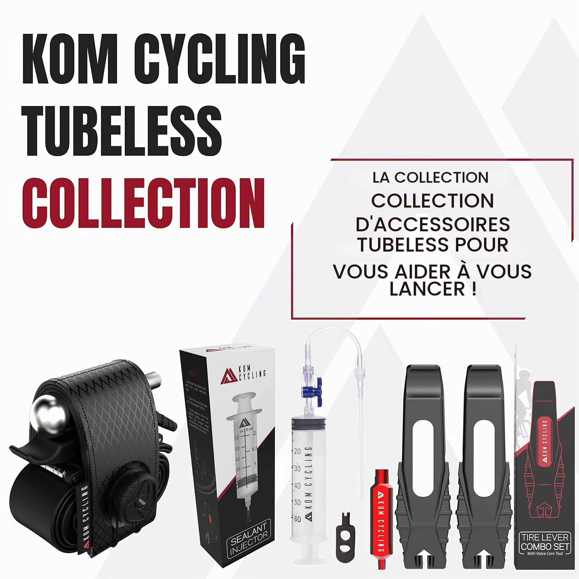 KOM Cycling Kit de réparation de pneus sans chambre à air pour vélo - 8 couleurs - Répare les crevaisons de pneus de VTT et vélo de route - Fourche de réparation de pneu et alésoir - 8 bandes de bacon