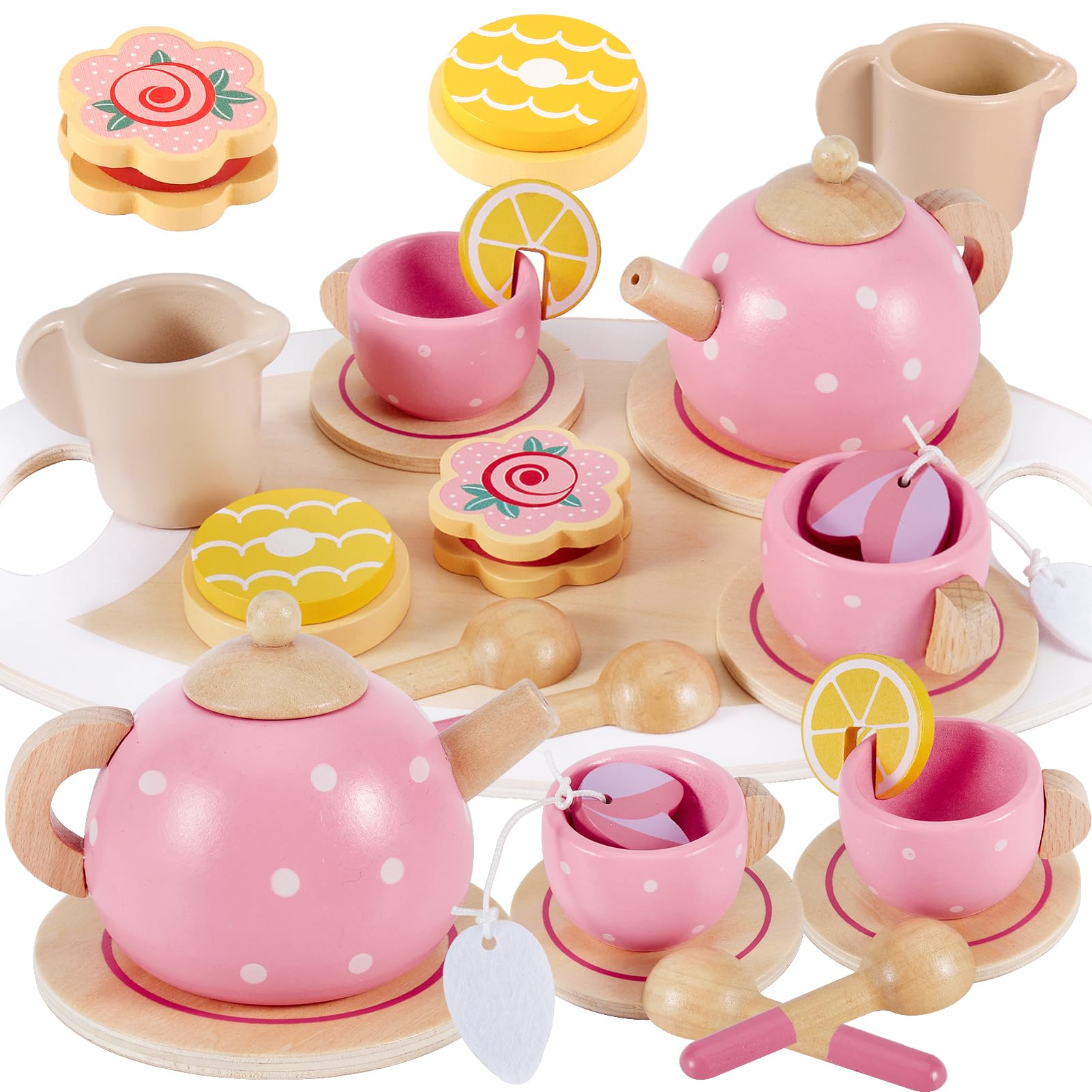 AOLEVA Wooden Afternoon Tea Set for Toddler, Children Tea Party Set with Play Food Dessert Tray Teapot Kitchen Accessories Birthday Gifts for 3 4 5 Years Old Girls Kids BoyAOLEVA Wooden Afternoon Tea Set for Toddler, Child…