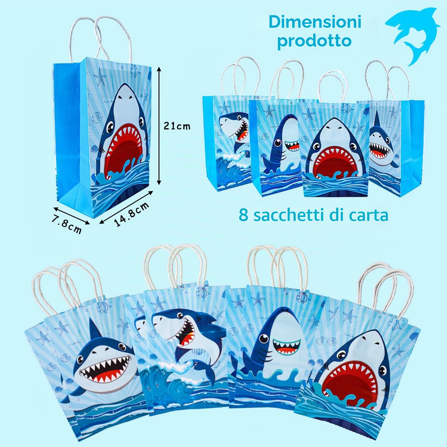 86 pezzi pensierini di squalo di compleanno per bambini, 12 bracciali con squalo, 8 bracciali in silicone, 8 sacchetti, 8 portachiavi, 50 adesivi