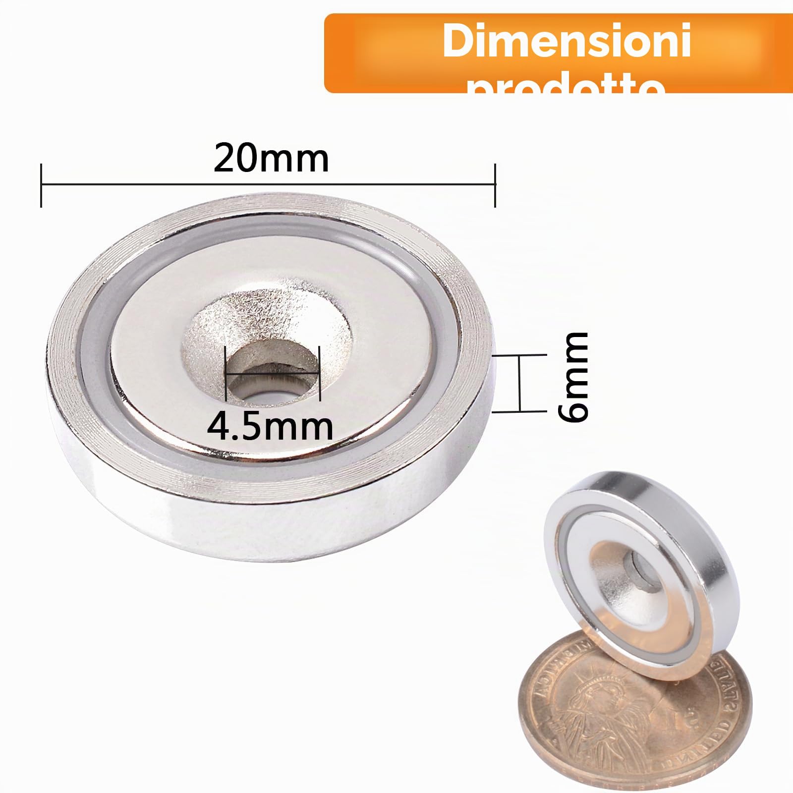 Magnete al neodimio extra forte, 20 pezzi, 20 mm, 10 kg, con capsula, calamite a testa svasata con viti e cuscino in acciaio per cucina