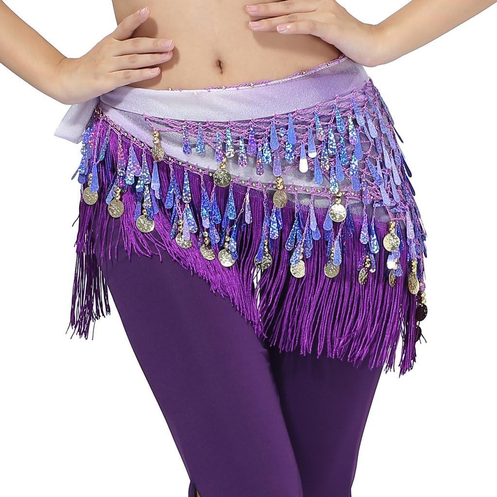 Women's Belly Dance Tassels Triangle Hip Scarf With Coins Sequins - Image 2