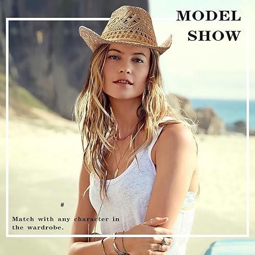 Miniatura 4 de Sombreros de vaquero de paja para mujer, sombrero de vaquera occidental brillante para vacaciones, sombrero de playa plegable con ala ancha para