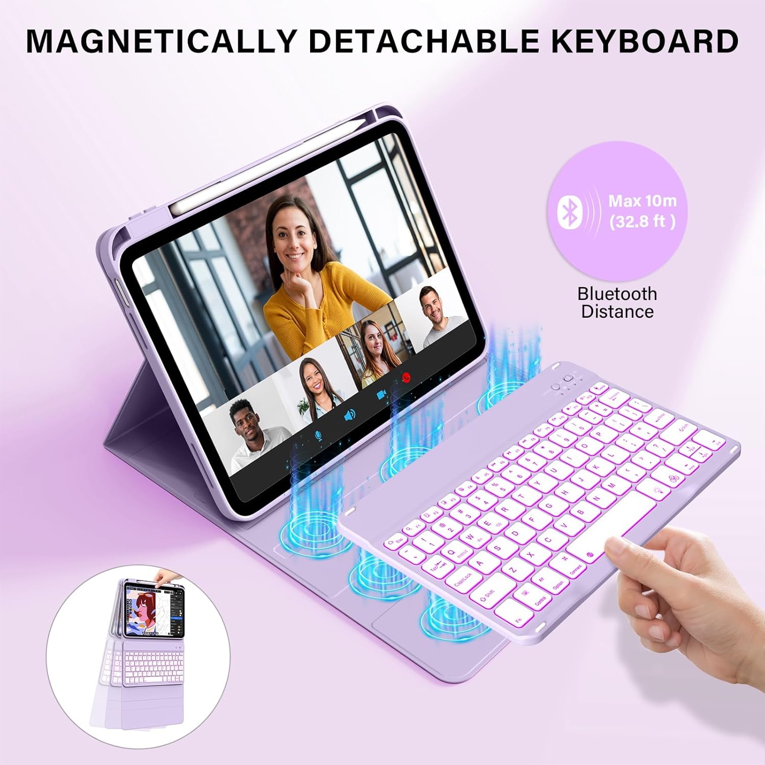 for iPad A16 Case with Keyboard: Detachable Wireless Backlit Keyboard Case, for iPad 10th Generation 10.9 11 Inch Case with Pencil Holder for Students, for Daily Learning (Taro Purple)