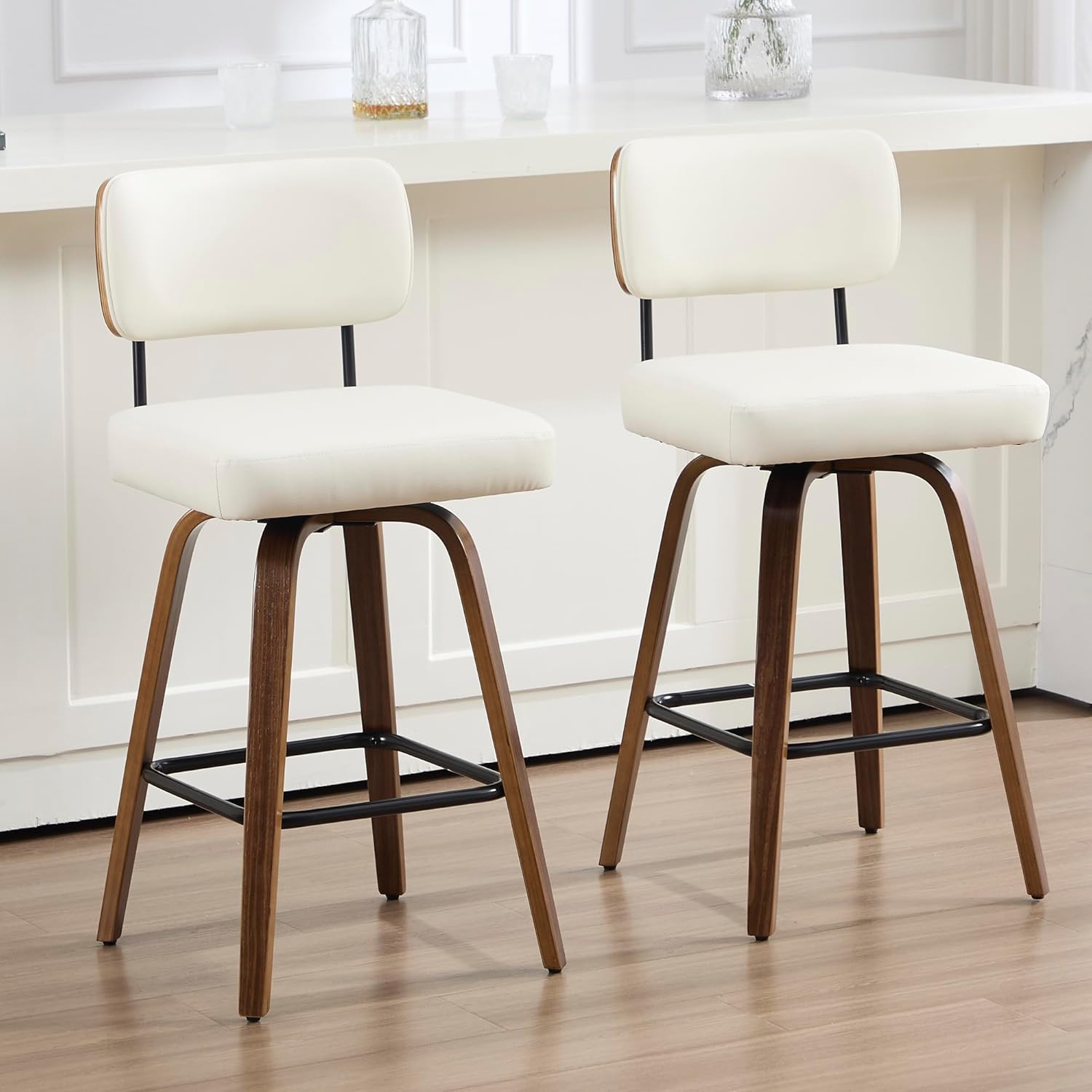 VipDesk 26.6" Swivel Counter Height Bar Stools Set of 2, Faux Leather Kitchen Stools Upholstered Barstools with Back, Walnut Wood Legs, Mid-Century Island Chairs Counter Stools - White