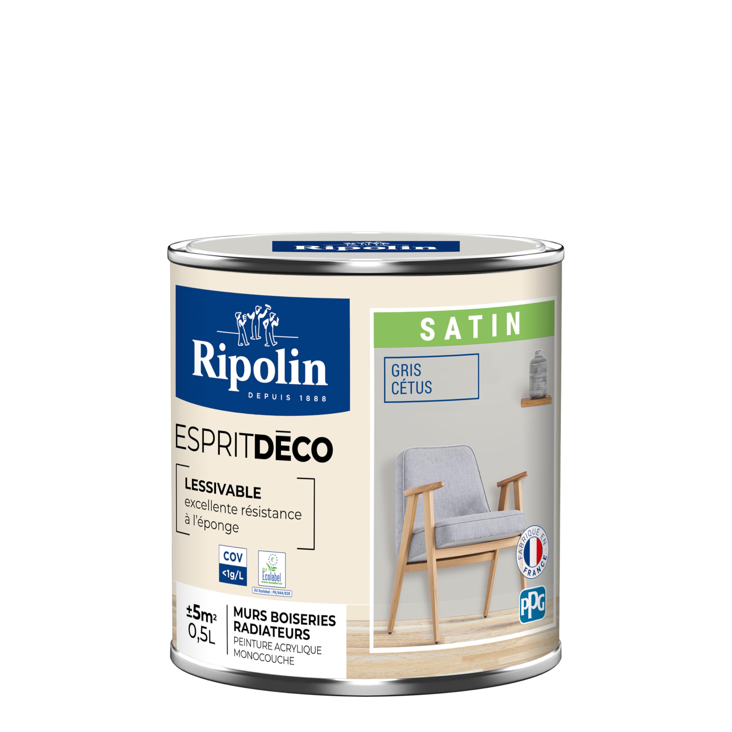 RIPOLIN - Peinture Intérieure Multi-​Supports – Murs, Boiseries & Radiateurs – Ultra Couvrante – Lessivable – Application Facile – Ecolabel - Satin - 0,​5L - Gris Cetus