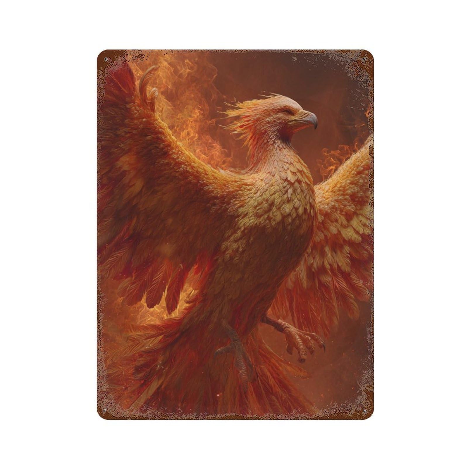 Phoenix Rising Mythical Bird Art Rusty Metal Tin Sign 15.7"x11.8", Vintage Wall Decor for Garage, Pub Or Kitchen