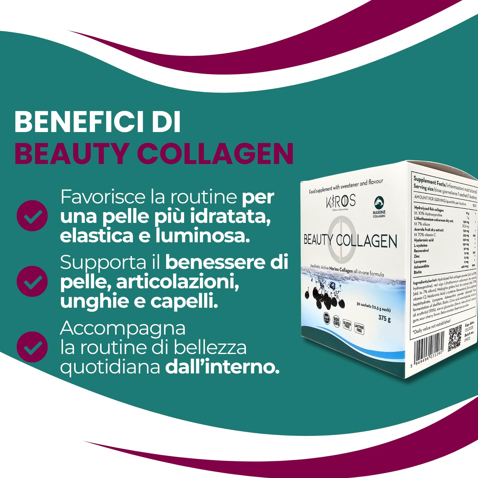 KIROS BEAUTY COLLAGEN – Collagene Marino Idrolizzato 10g con Acido Ialuronico, Vitamina C, Integratore Collagene per Pelle, Capelli e Unghie con Biotina e Zinco, 30 Bustine Gusto Amarena