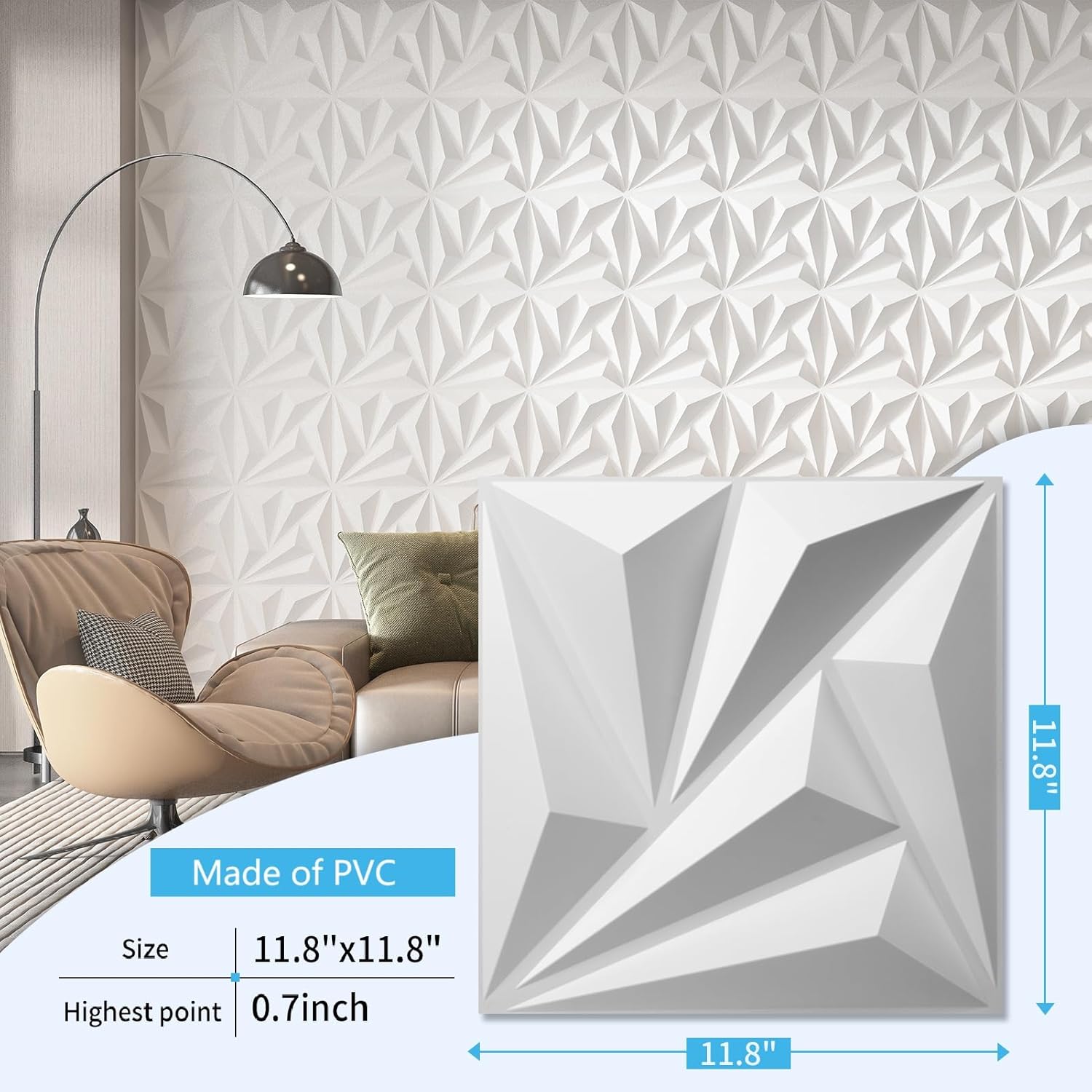 Art3d 12 Pack 3D Wave Design Wall panels 19.7"x19.7" PVC Panel for Interior Wall Decor Living Room, Office, TV Background, White