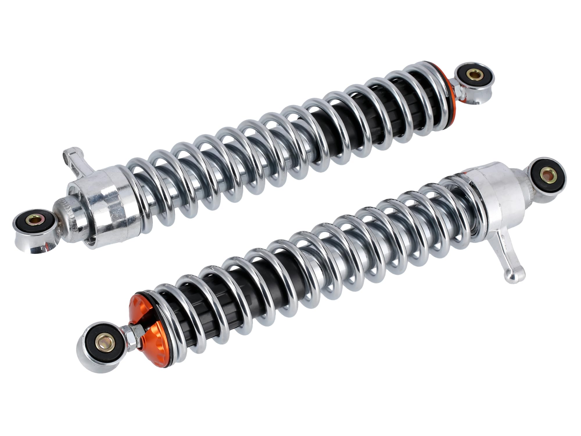 Set: Federbeine 380mm "Sport Optik" Orange, Chromfeder, verstellbar - für Simson S50, S51, S70, S53, S83 Enduro