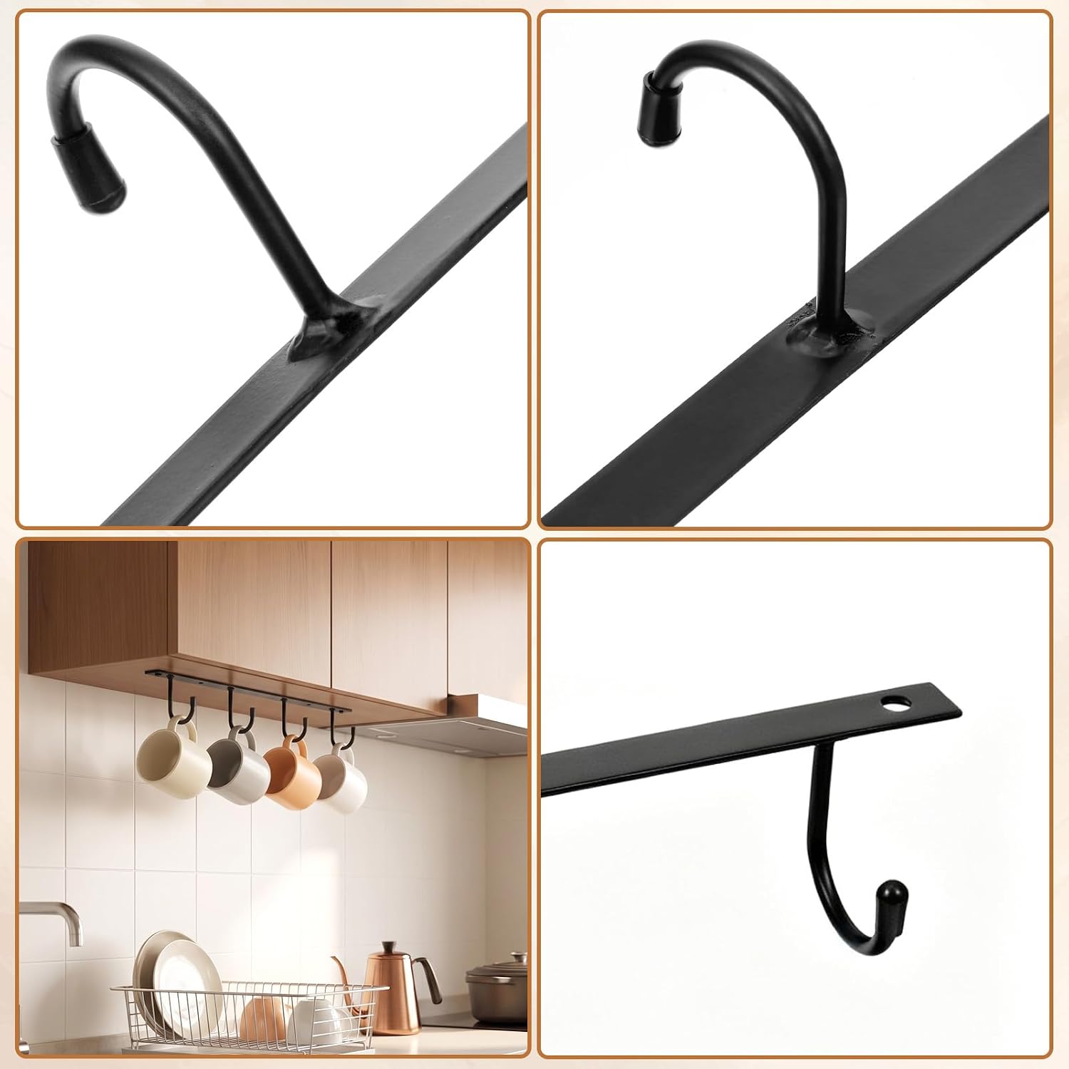 4 Pack Under Cabinet Mug Holder with 16 Hooks, Black Iron Hanging Rack