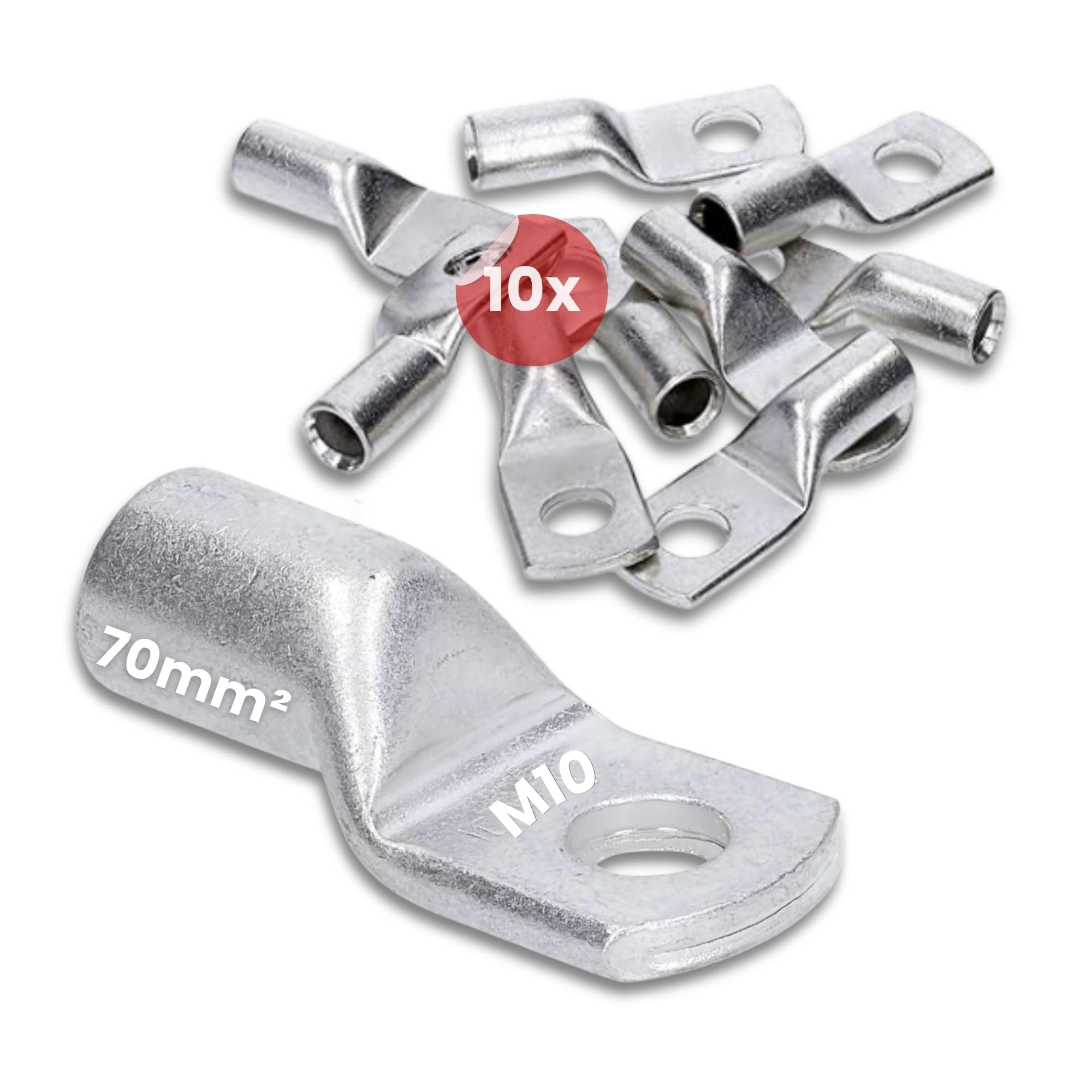 Kalitec 10x Cosse Tubulaire 70 mm² M10, Connecteur à Sertir en Cuivre | Standard DIN EN 13600, cuivre étamé anticorrosion, homologué UL, idéal pour installations solaires, auto et industrie.