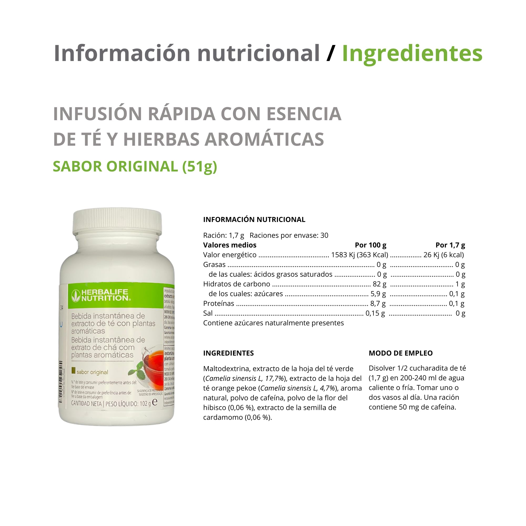 Te Quemagrasa con Hierbas Aromáticas Bebida Instantánea Baja en Calorías (Original, 102g)