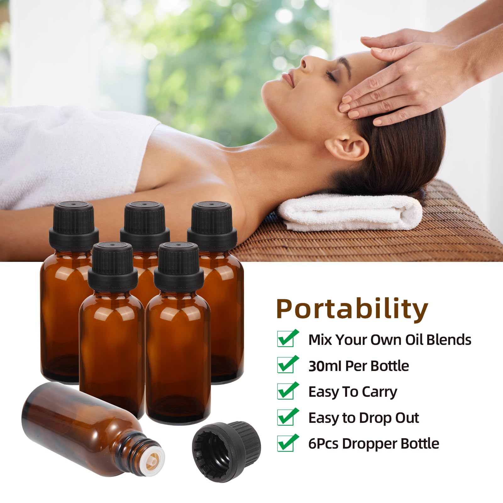 60 ml bursztynowa szklana butelka na olejki eteryczne z zakrętkami, pusta fiolka na próbki płynu podróżnego do aromaterapii perfum z lejkiem, plastikowy zakraplacz 3 ml i 6 etykiet