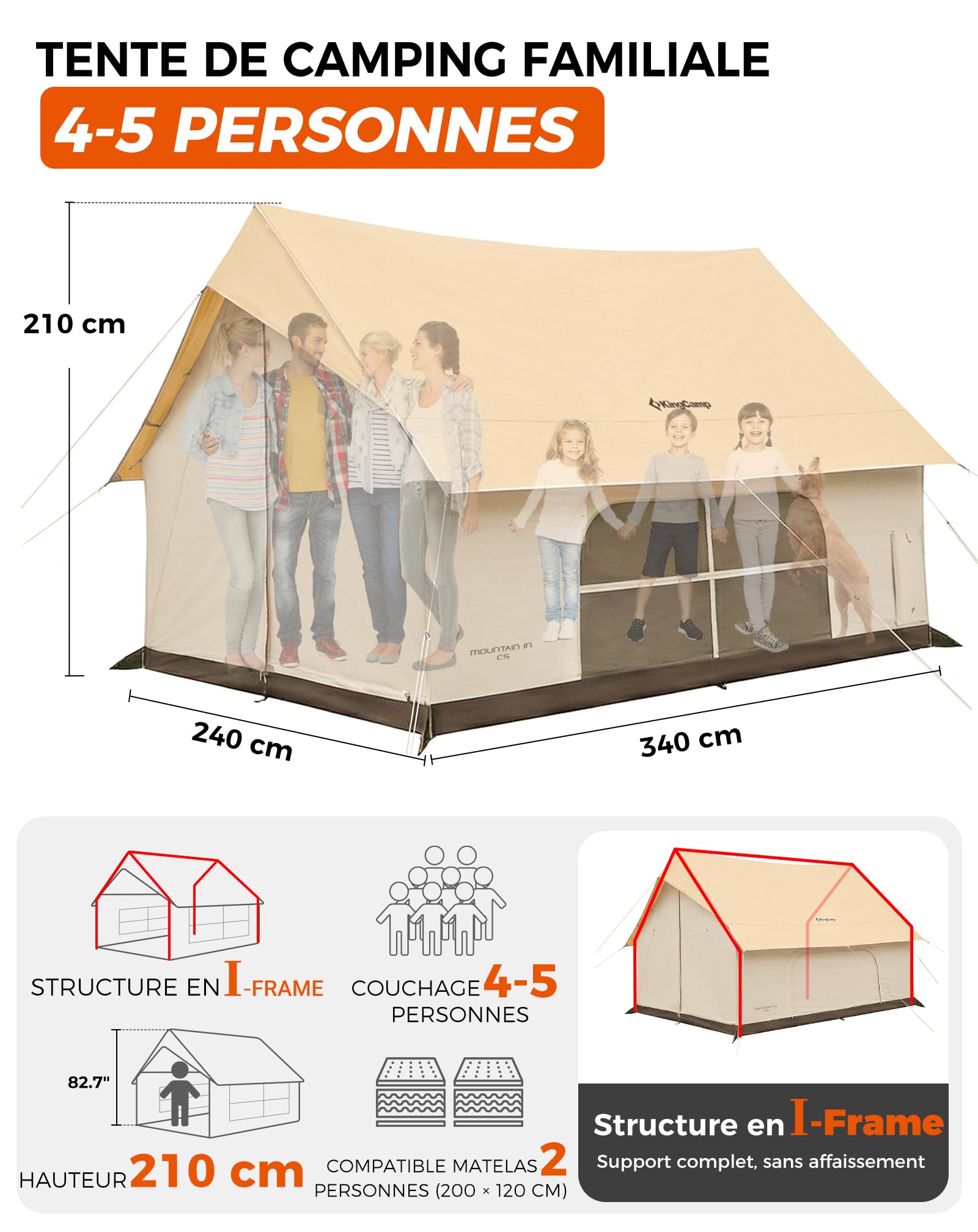 KingCamp 4-5 Personnes Tente,8㎡ Tente Maison avec cheminée & Port AC – Tente imperméable 210g TC, 2 Portes 4 Fenêtres – Tente 4 Saisons en Tissu Ignifuge, pour Camping Familial, Glamping Festivals