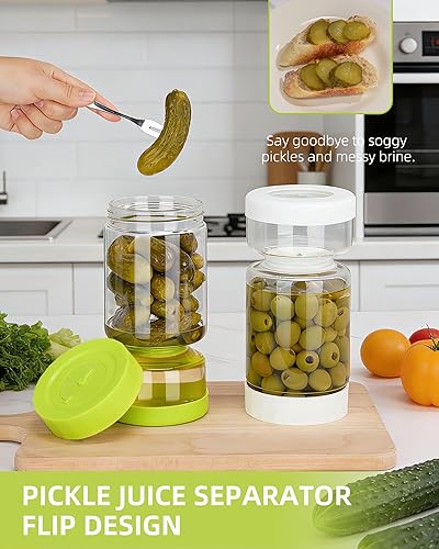 Miniatura 5 de ZENS Tarro de pepinillos con colador abatible, contenedor separador de jugo de pepinillos que separa lo húmedo de lo seco, sellado hermético