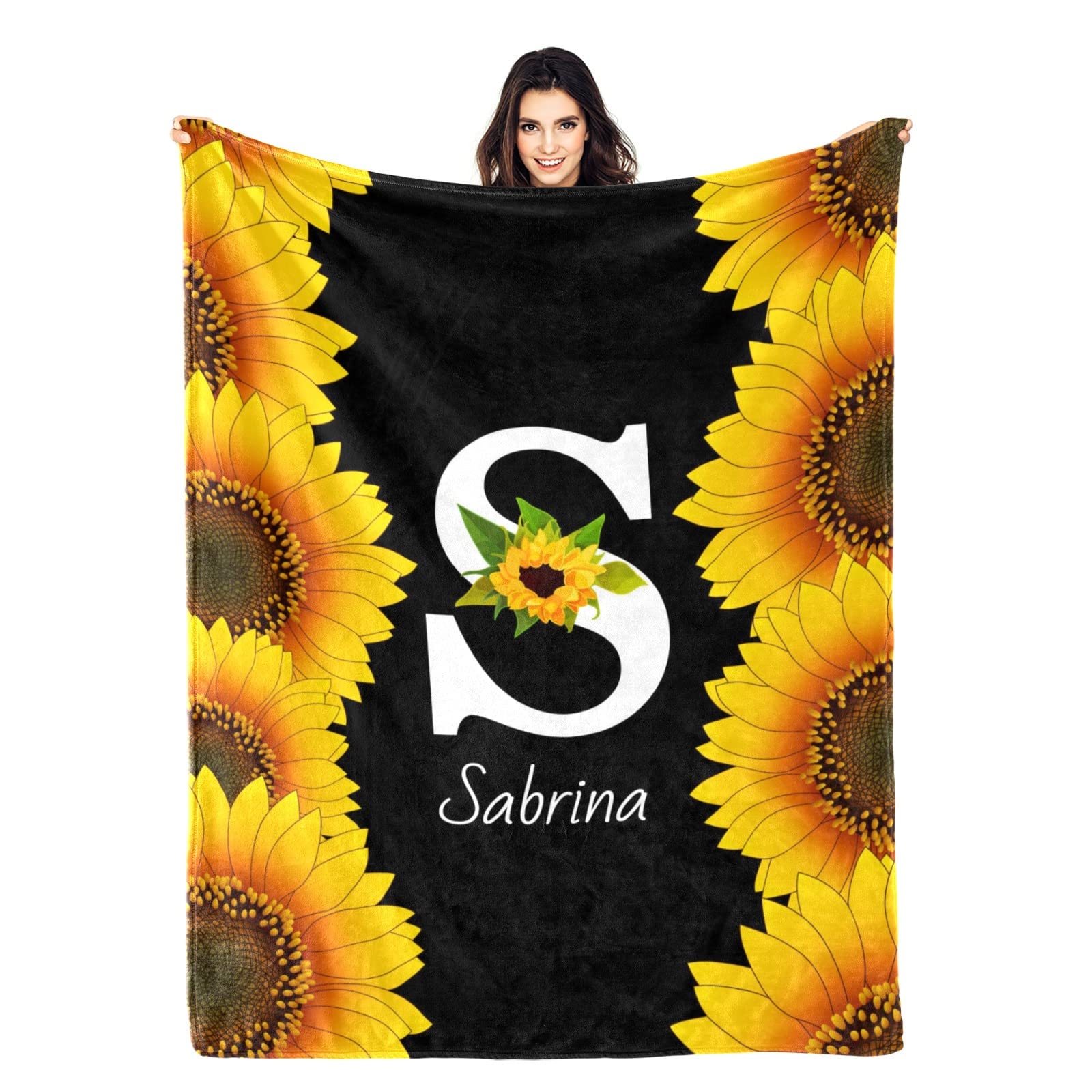 Personalized Sunflowers Blanket with Name, Custom Baby Blankets for Girls Boys Baby Customized Blankets with Initials Baby Name Blanket, Custom Yellow Sunflowers on Blankets for Girls with Name