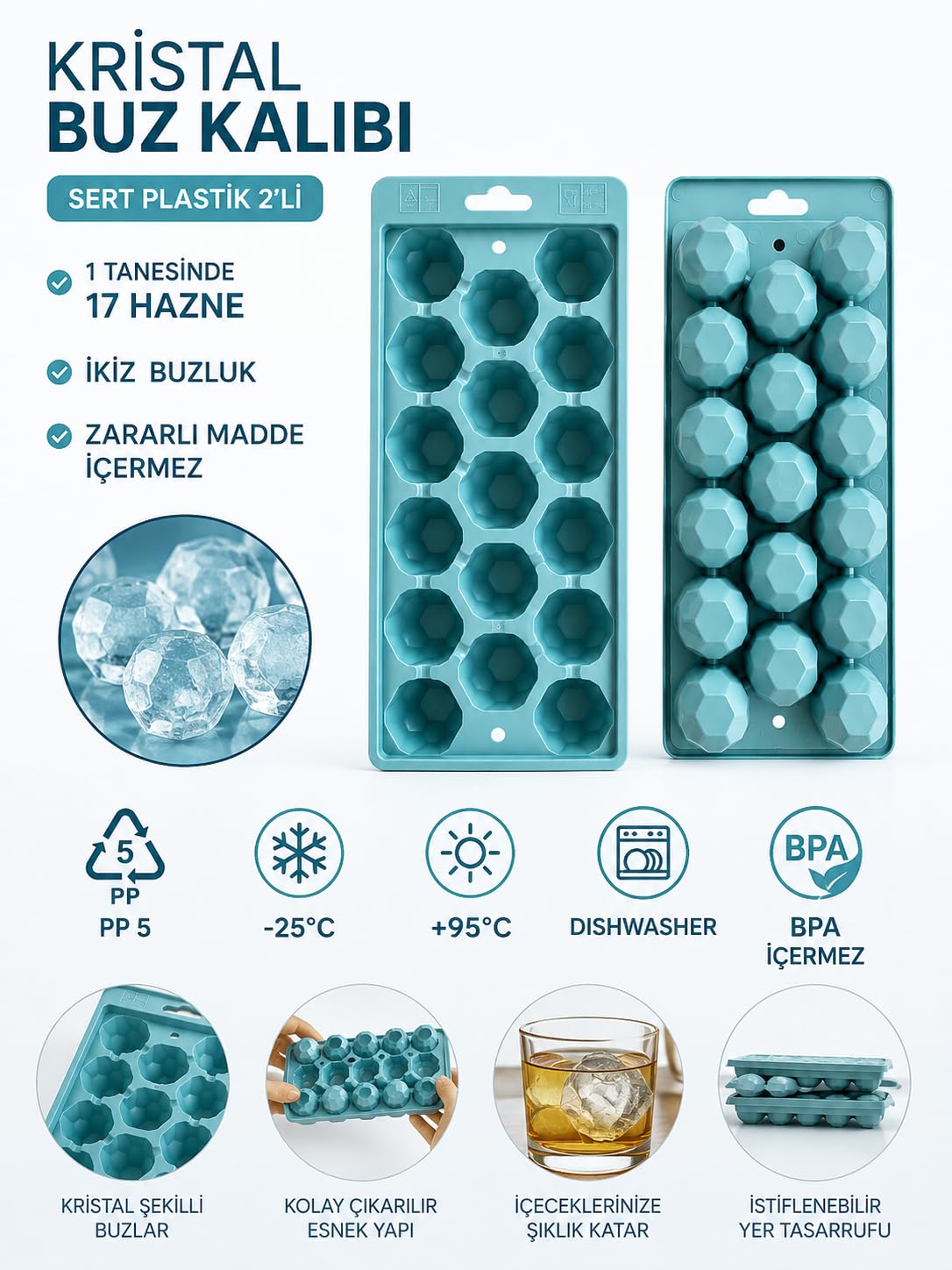 Kristal Buz Kalıbı 2'li Sert Plastik 17 Hazneli İkiz Buzluk Seti, Buzluk, Buz Kabı, Buz Haznesi, Buz Kalıpları, Buz Tepsileri, Buz, Buz Yapma Kalıbı, Çok Amaçlı Buz Küpü Kalıbı