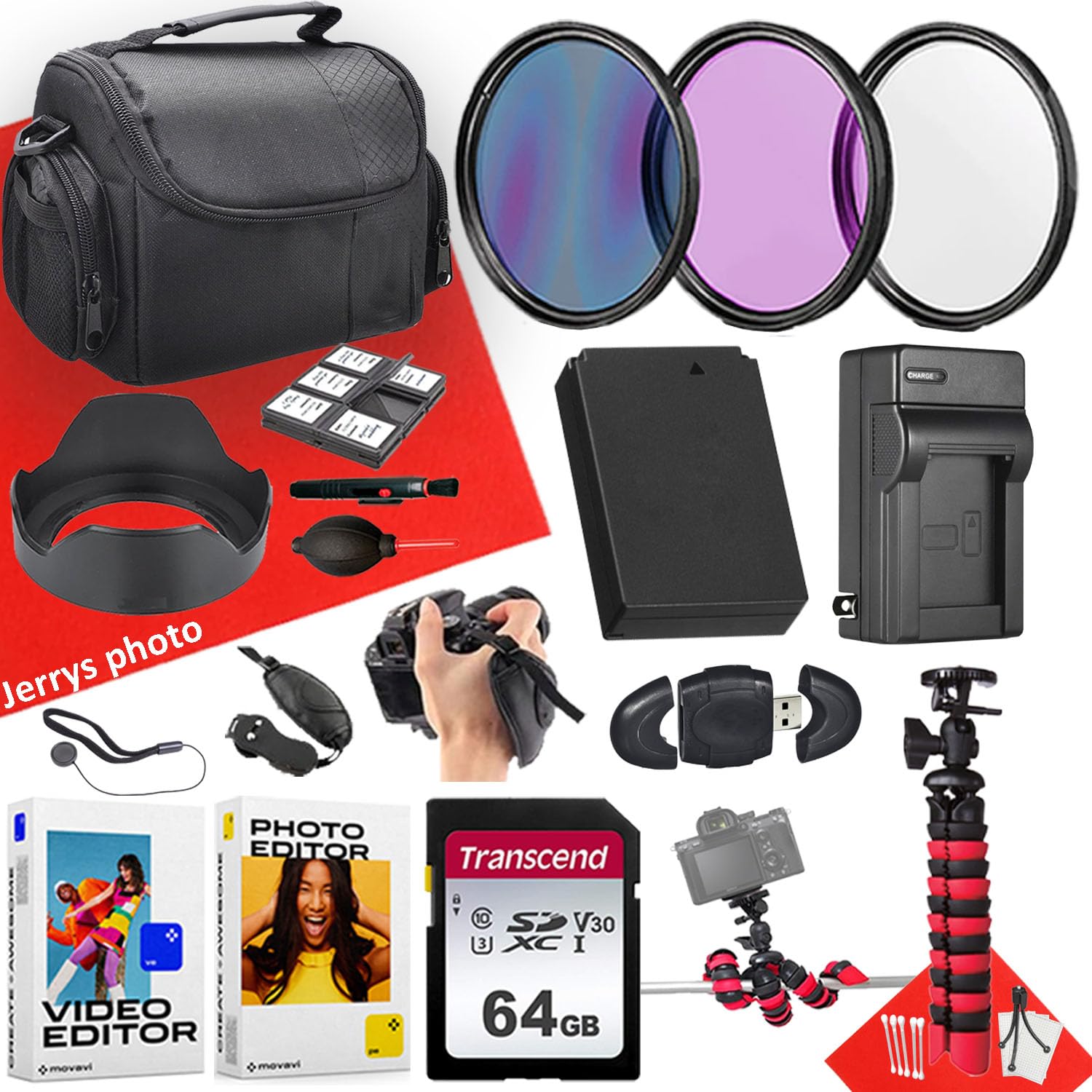 49mm Accessory Bundle for Canon EOS: M100, M200, M50 Mark II, M10, M, M50 + 64GB Transcend SD Memory Card + Battery + Battery Charger + Filters + Spider Tripod + More (18pc Bundle)