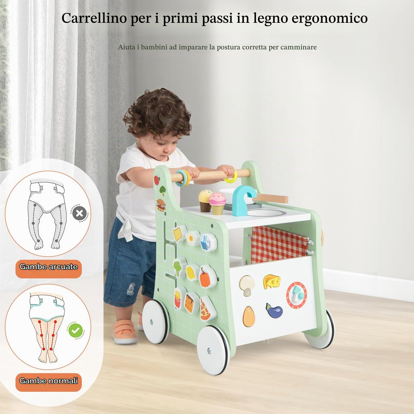 LIFEZEAL Carrello Primi Passi per Bambini 1+ Anni, Cucina Giocattolo, Carrellino da Spinta in Legno, Ruote Silenziose, Multiattività, Educativo, Vano Portaoggetti, Imparare a Camminare, Regalo, Verde