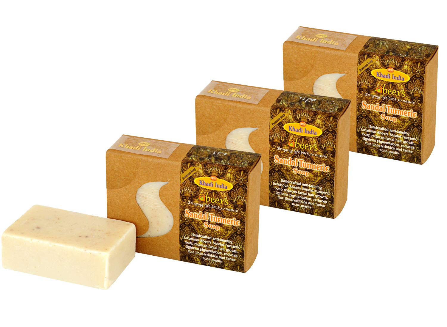 KhadiABEERS SANDAL TURMERIC PREMIUM SOAP - PACK OF 3 (375g)