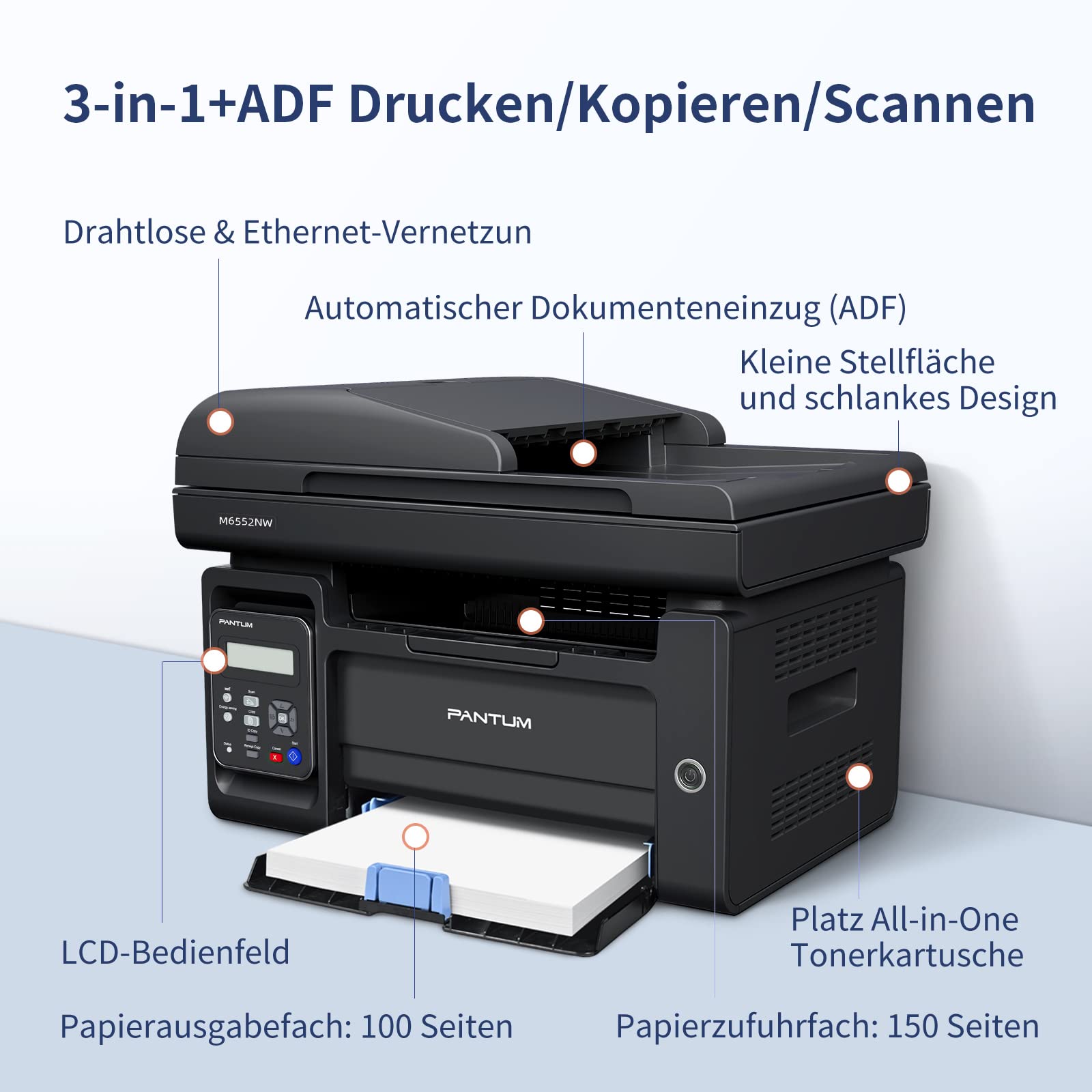 PANTUM M6550NW Multifunktions-Laserdrucker (Drucker, Scanner, Kopierer, Netzwerk, WLAN, Airprint) 3-in-1