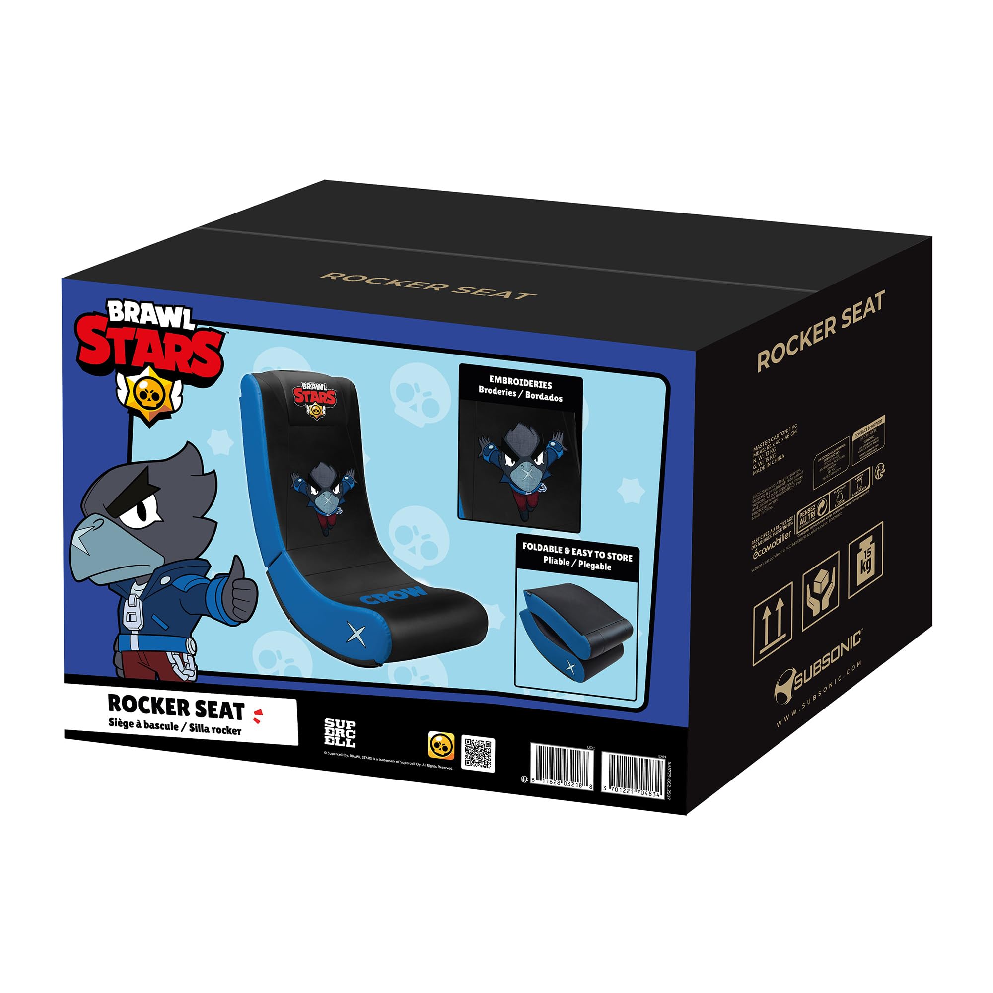SUBSONIC – Sedia a dondolo da gaming Brawl Stars Crow – Sedia a dondolo ergonomica con licenza ufficiale – Similpelle nera e blu con ricamo – Comoda sedia per soggiorno o camera da letto