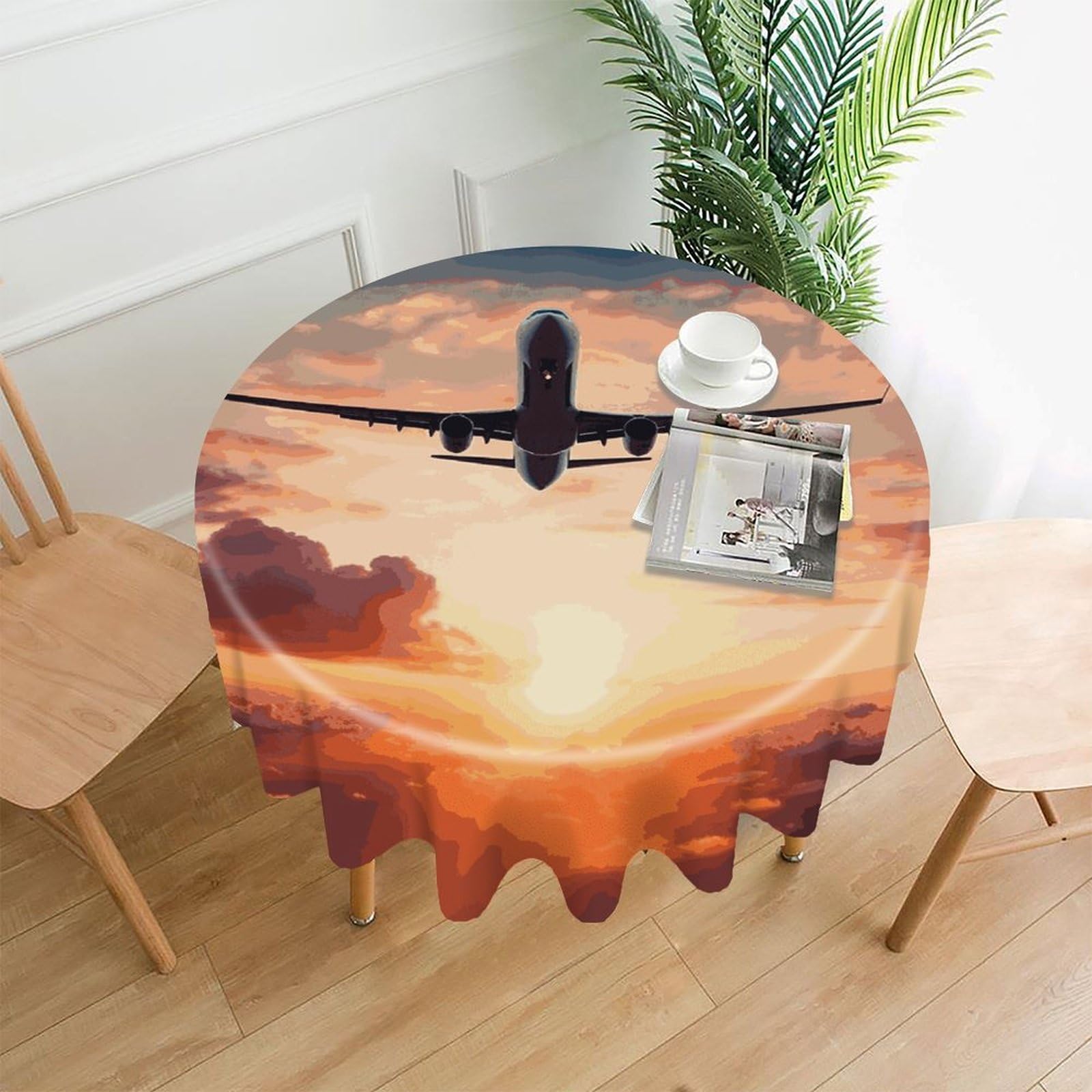 FekiLoot Airplane Sunset Sky Round Tablecloth Cover 60 Inch Wrinkle Free Washable Polyester Fabric Table Cover Decorative Round Table Cloth for Home Dining Kitchen Party Farmhouse