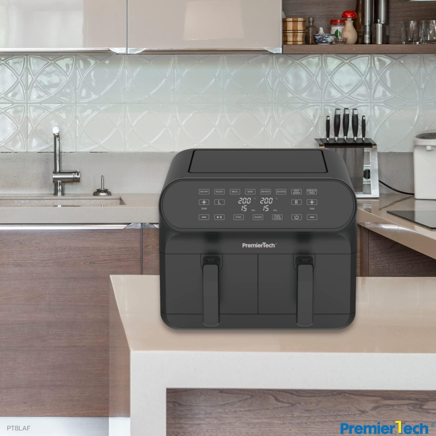 PremierTech Friggitrice e Forno ad Aria Doppio Cestello 8 Litri (4 + 4), 8 programmi, 2 zone indipendenti, Display digitale PT8LAF, Touch Screen, Cucina Sana, Griglia, Arrostisci, Scongela PremierTech Friggitrice e Forno ad Aria Doppio Cestello 8 Litri (4 + 4), 8 programmi, 2 zone indipendenti, Display digitale PT8LAF, Touch Screen, Cucina Sana, Griglia, Arrostisci, Scongela