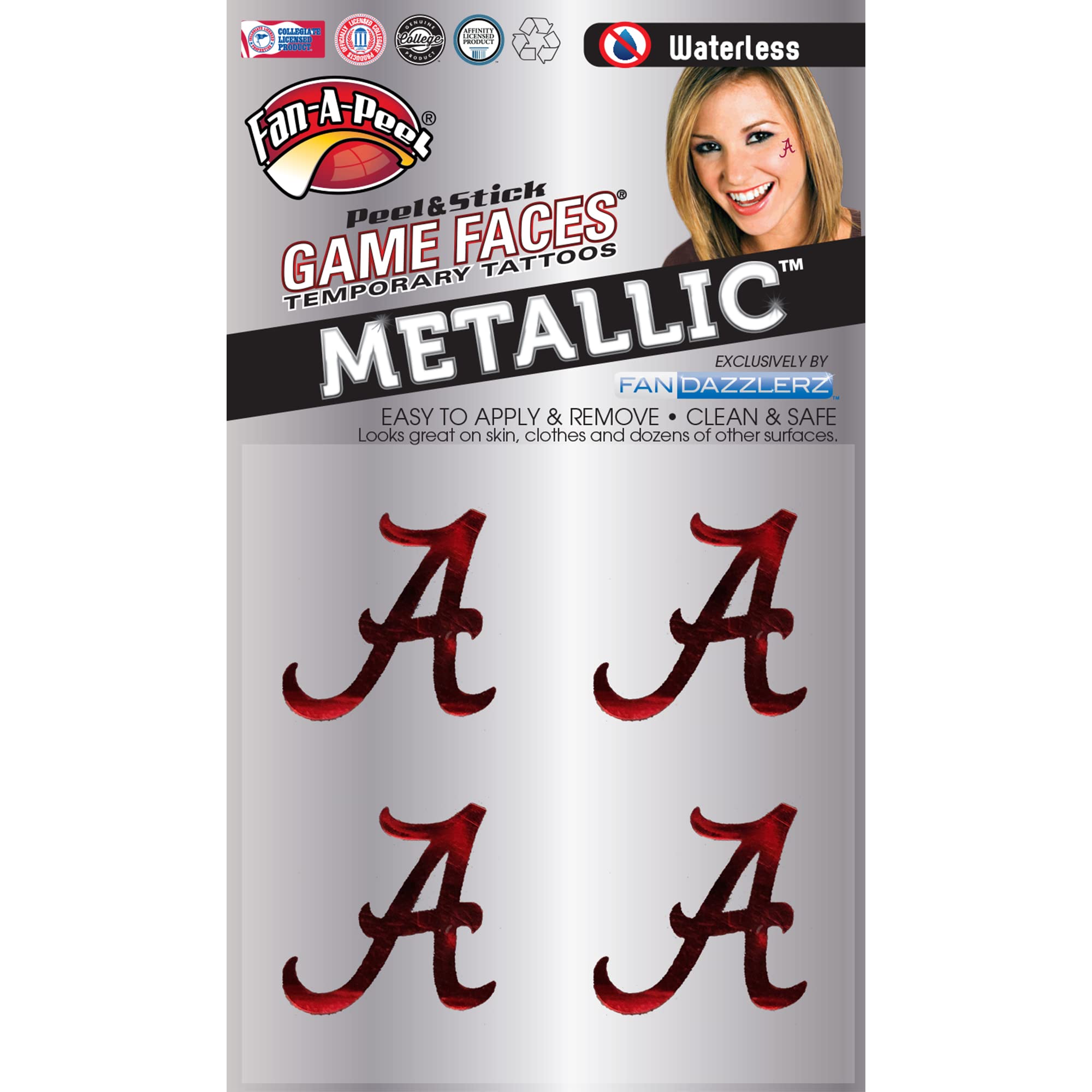 Fan-A-Peel Alabama Waterless Temporary Tattoos - Hypoallergenic Peel and Stick Waterproof Temporary Tattoos, Metallic - Officially Licensed