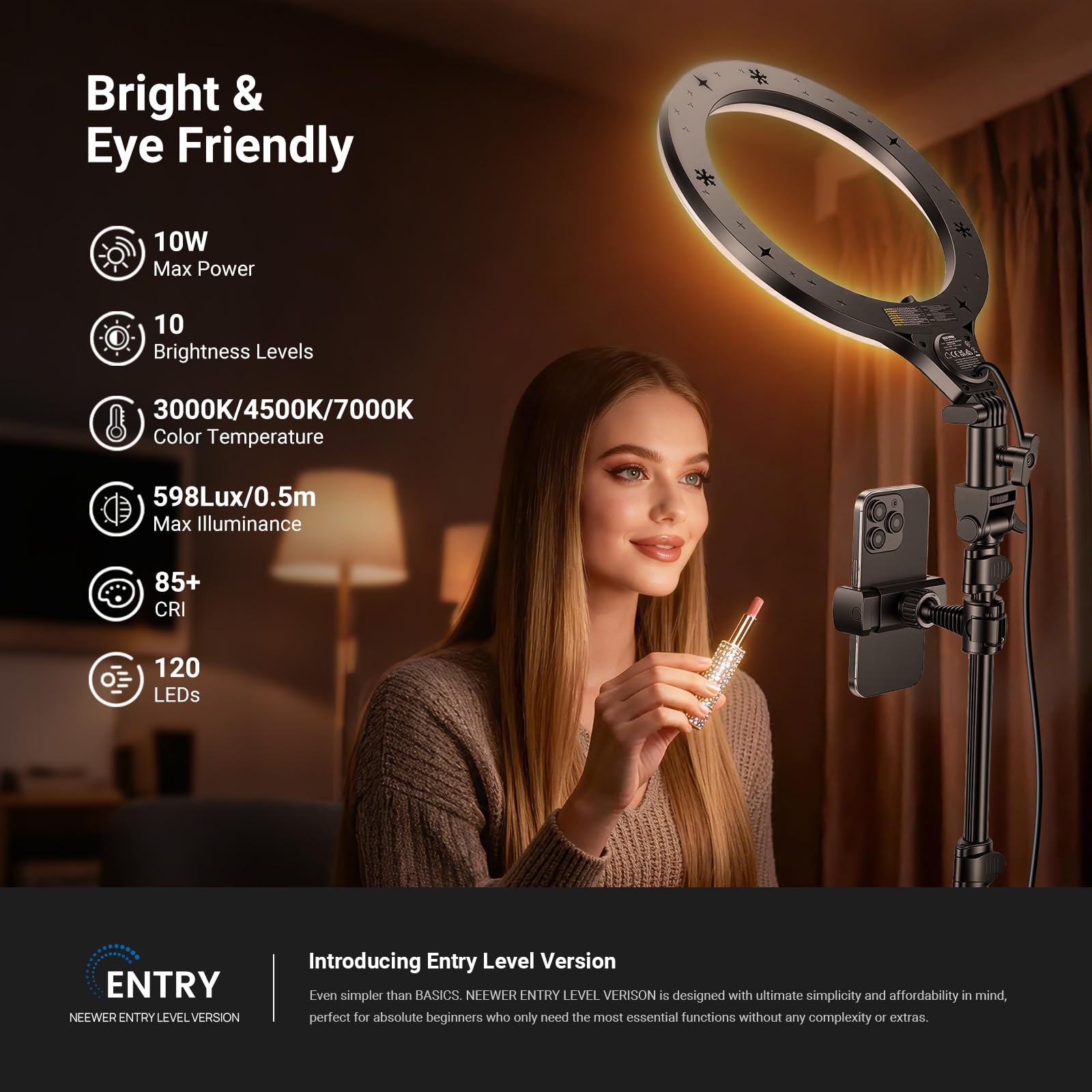 NEEWER Entry Level 10,5" 10 W, lampa pierścieniowa ze statywem 168 cm, uchwyt na telefon, kompatybilny z iPhone'em, dwukolorowe oświetlenie LED CRI85+, do nagrywania i strumieniowego przesyłania wideo