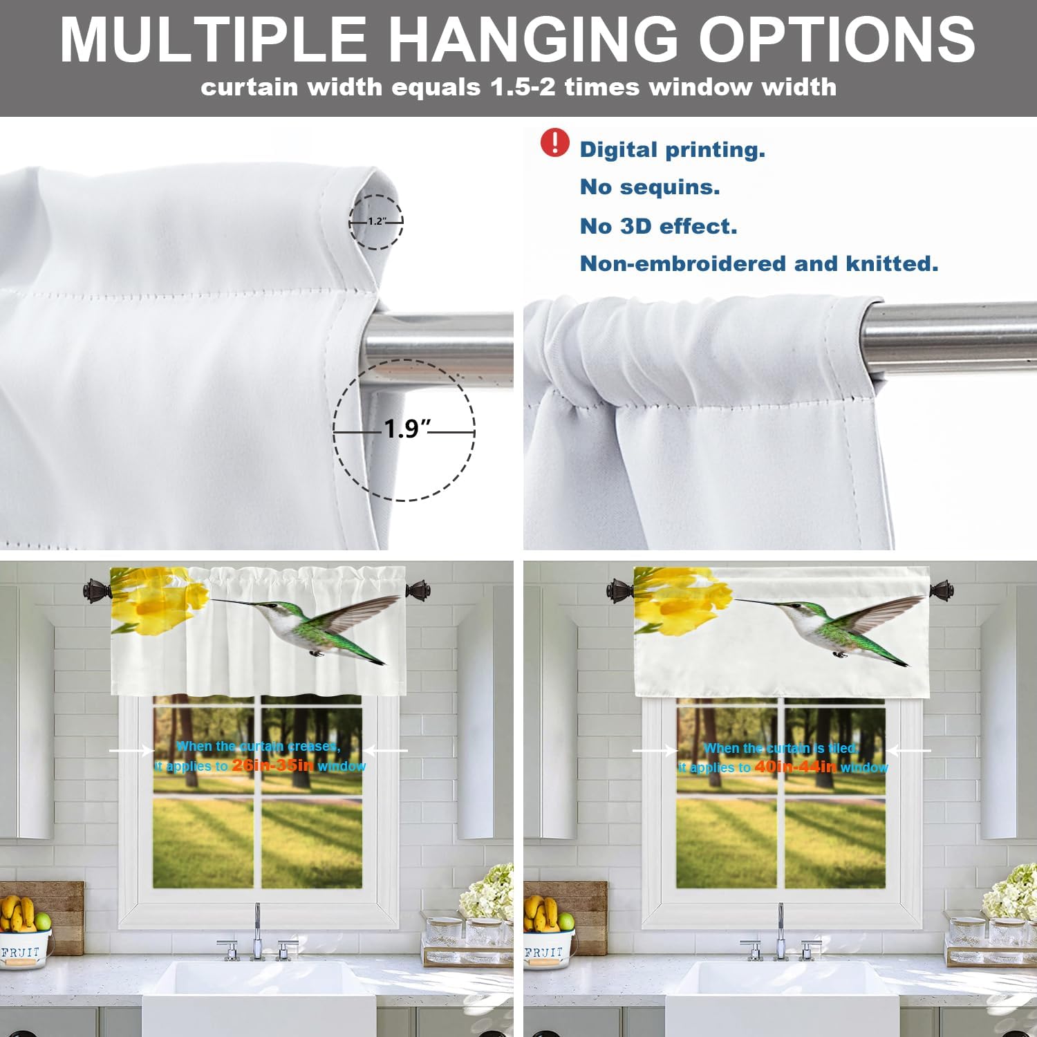 Batmerry Sunflower White Bird Kitchen Valances Half Window Curtain, Hummingbird Birds Sunflower Flowers Floral Garden Kitchen Valances for Windows Valance for Decor Reducing The Light 52x18 Inch