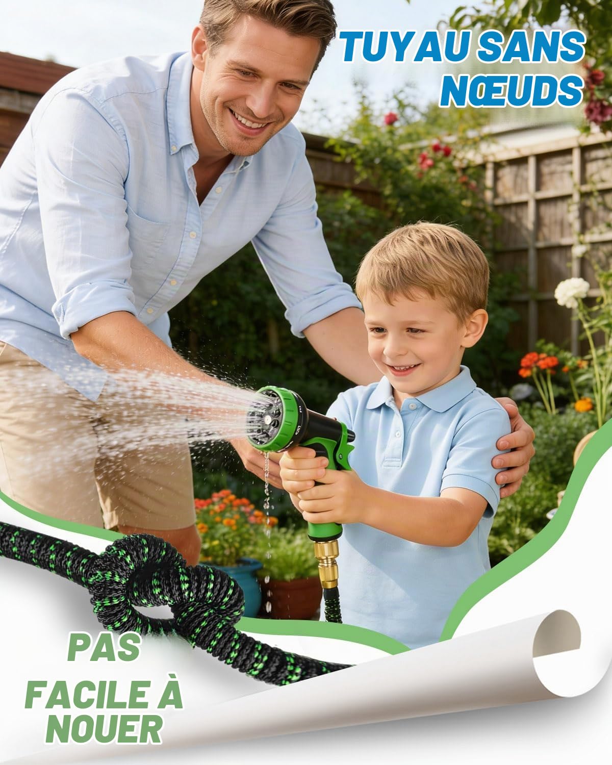 Tuyau Arrosage Extensible 100FT avec Pistolet 10 Fonctions, Raccords 1/2'' & 3/4'', Embout Plaqué Cuivre, Crochet et Sac, Tuyau d'Arrosage Anti-Fuite et Anti-Torsion pour Jardin