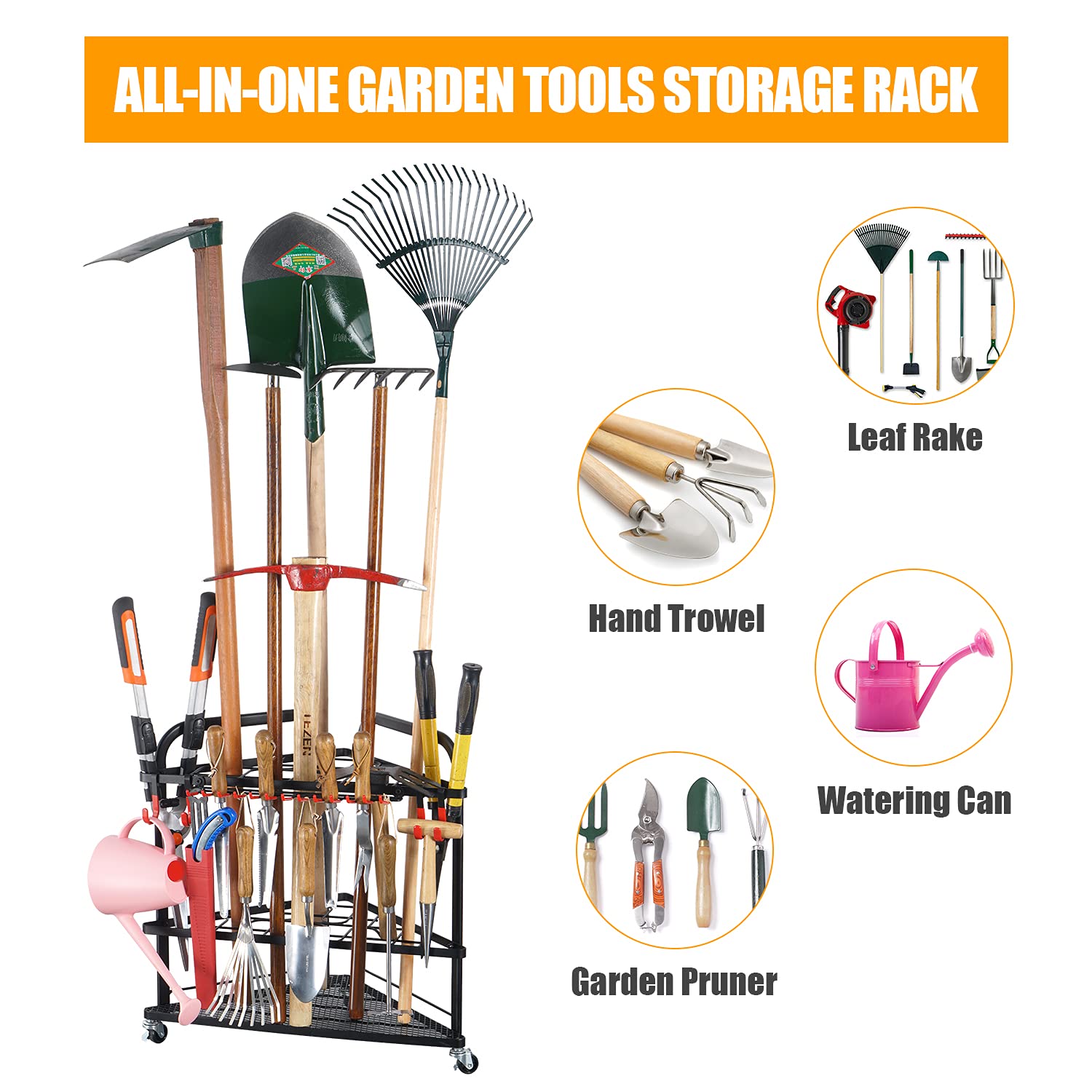 Corner Tool Rack PLKOW Garden Tool Organizer with Wheels and Storage Hooks, Rolling ...
