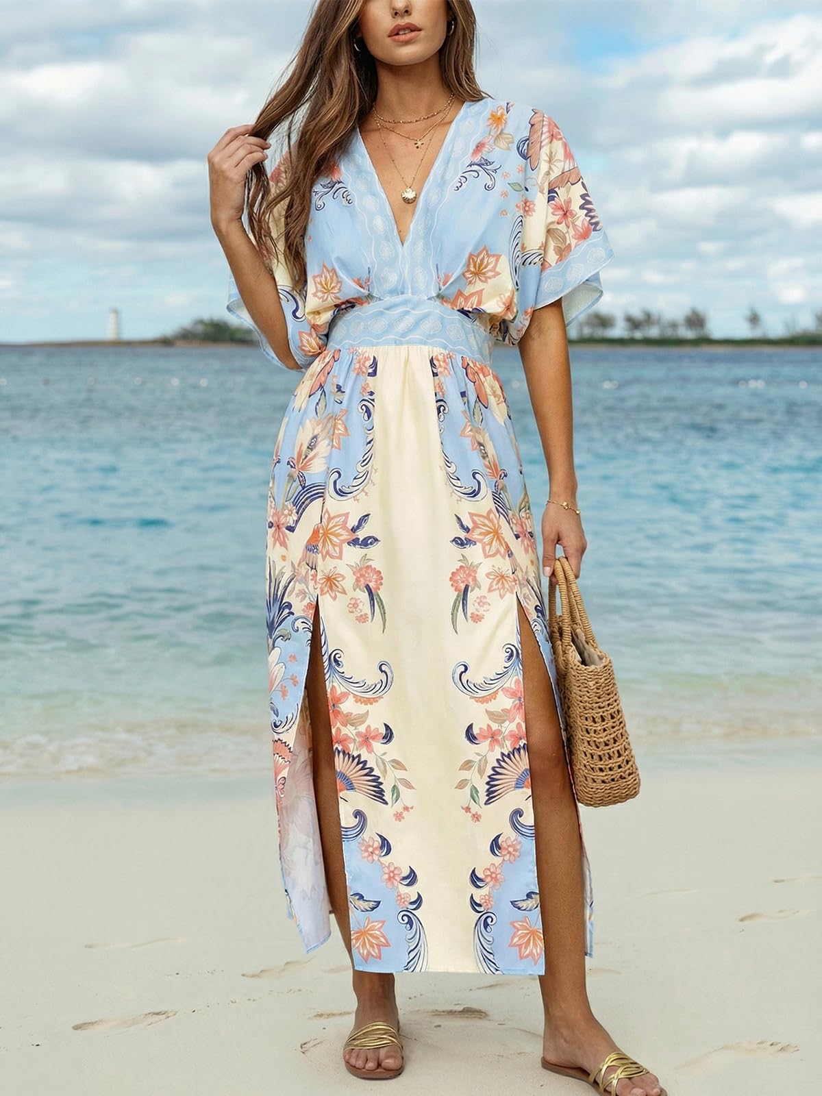 CUPSHE Damska letnia sukienka boho maxi głęboki dekolt w serek pół dolman rękaw empired talia boczne rozcięcie sukienka letnia wakacje sukienki plażowe