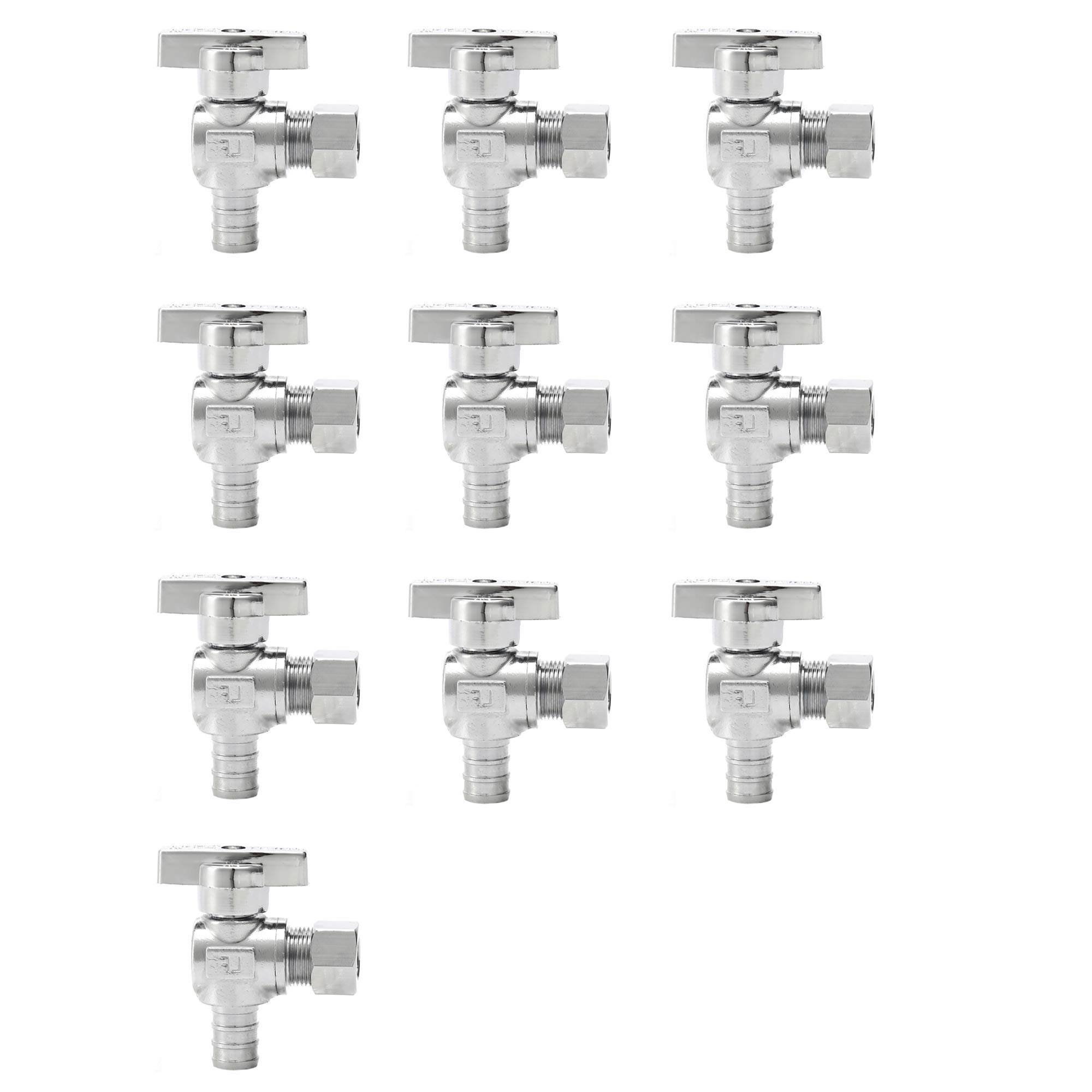 TreMax Angle Stop Valve 10 Pack,1/2'' Pex x 1/4'' OD Compression,1/2'' Pex x 3/8'' OD Compression, 1/4 Turn Water Shut Off Valve,3/8 Inch OD,1/4 Inch OD, Chrome, CPVC (1/2'' PEX X 3/8'' OD)