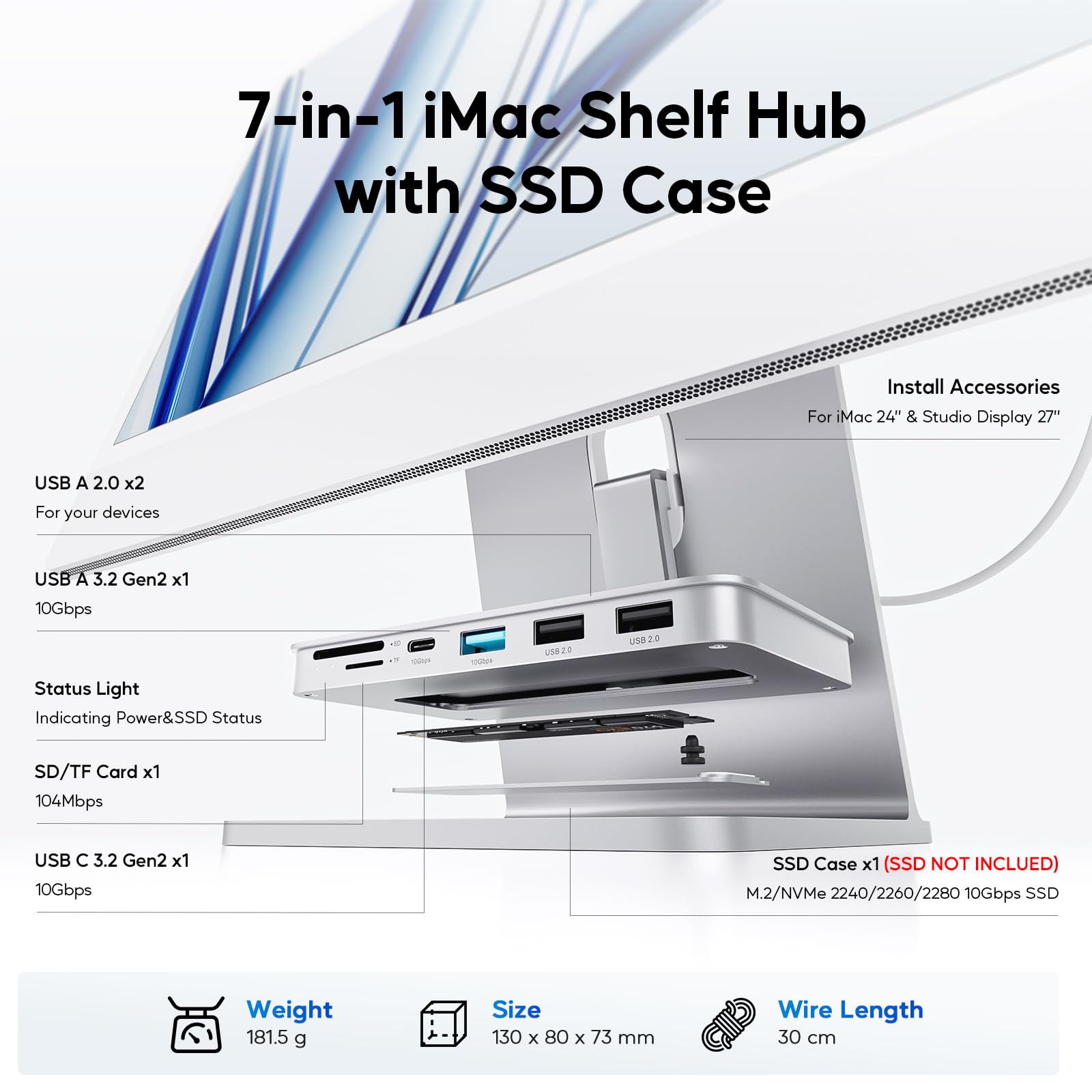 iMac Accessoires pour iMac 24" 2021/2023/2024, hub USB C pour iMac M1/M3/M4 & Studio Display 27", iMac USB HUB avec USB A/C 10 Gbit/s, SD/TF, boîtier SSD M.2 (SSD Non Inclus), Adaptateur iMac