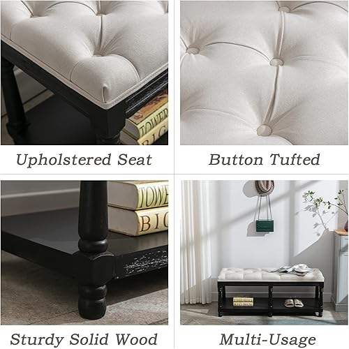 Miniatura 3 de Banco de almacenamiento de madera para entrada, banco otomano tapizado de lino con botones con patas negras para dormitorio, extremo de la cama, 45